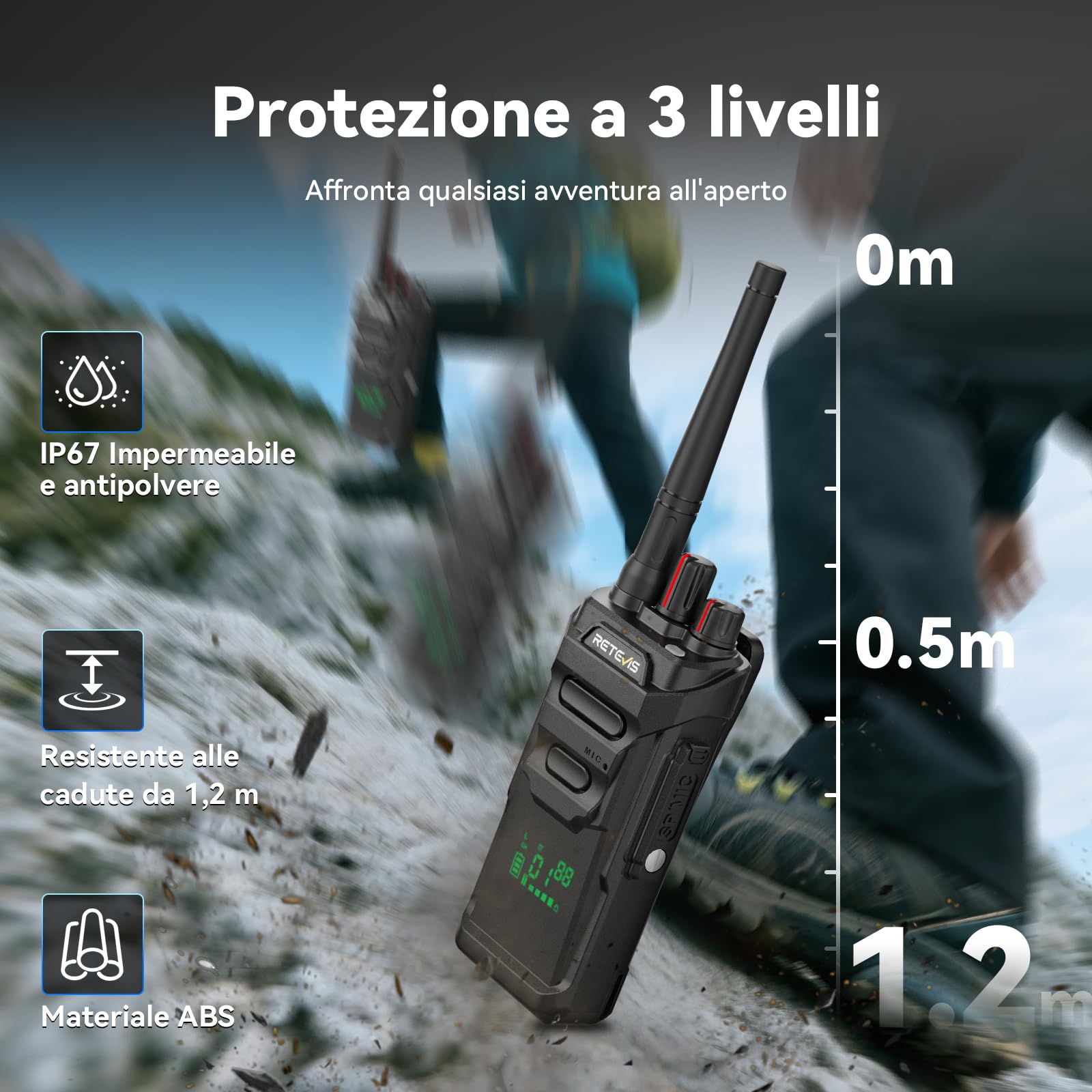 Retevis RT648H Walkie Talkie senza Licenza, IP67 Wolky Toki 3 Protezioni, Display Integrato, Ricarica USB, 1500 mAh, Radio Bidirezionale a Lungo Raggio per Logistica, Magazzini (Confezione da 2)