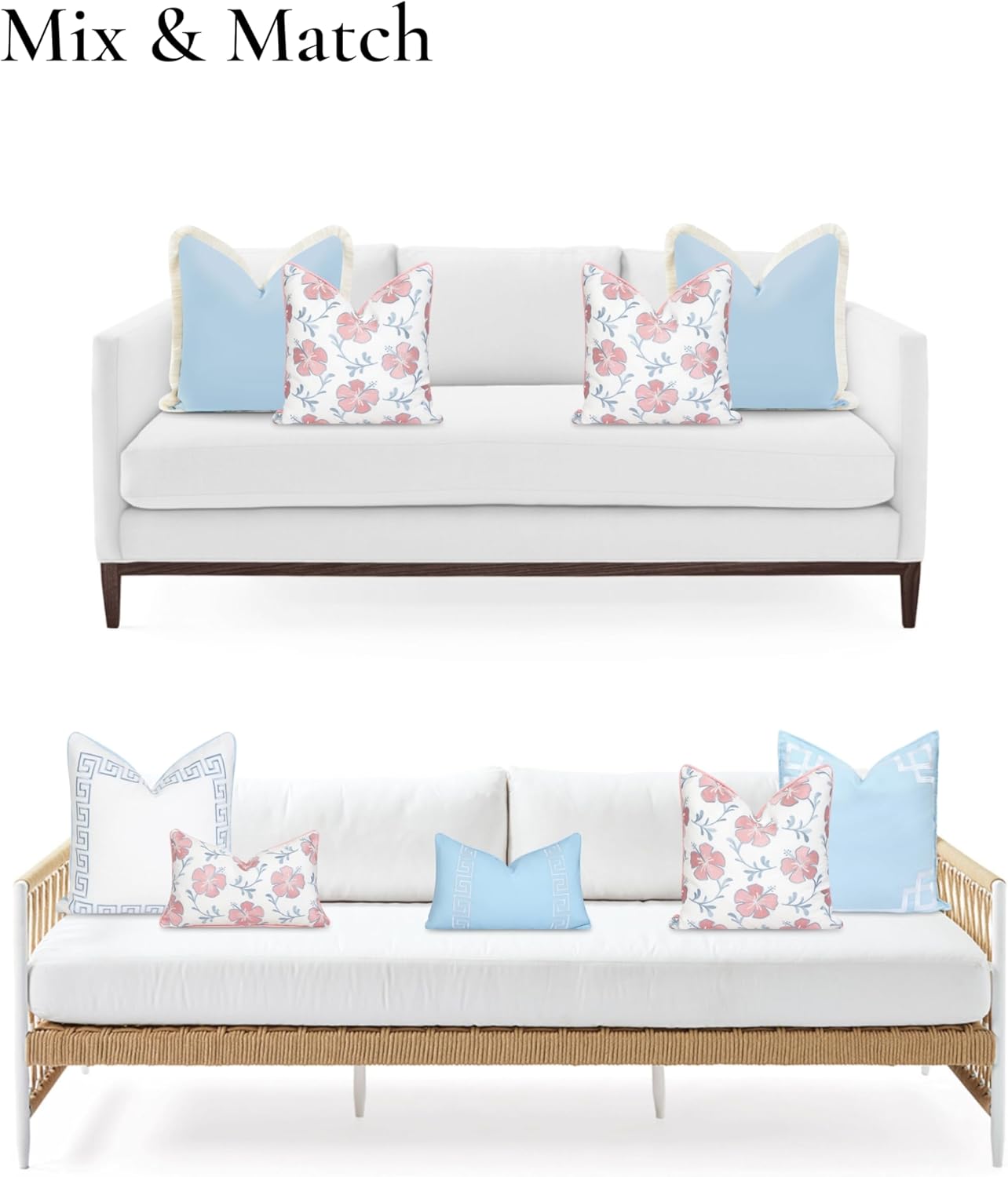Hofdeco Premium Coastal Patio Indoor Outdoor Throw Pillow Cover Only, 18"x18" Water Repellent for Backyard, Couch, Blush Pink Baby Blue Embroidered Hibiscus Floral with Piping