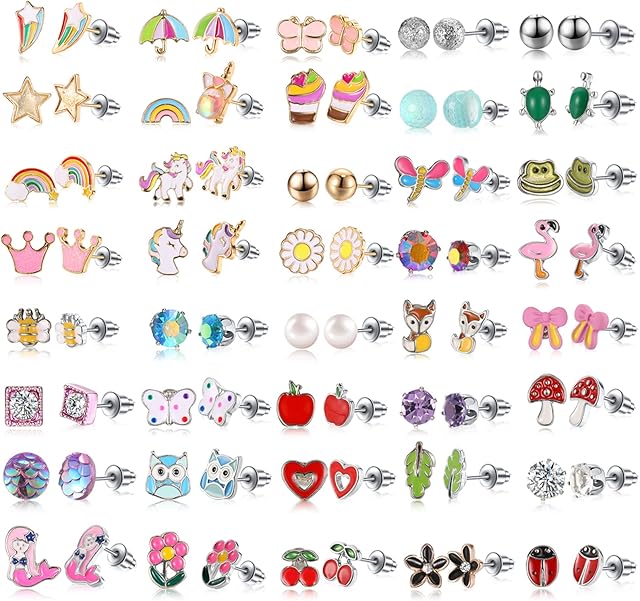 40 Pairs Girls Earrings Set Cartoon Novelty Earrings with Laser Packing Box and 2 Cardboard Cute Stud Earrings for Girls Teens Women, Assorted Styles