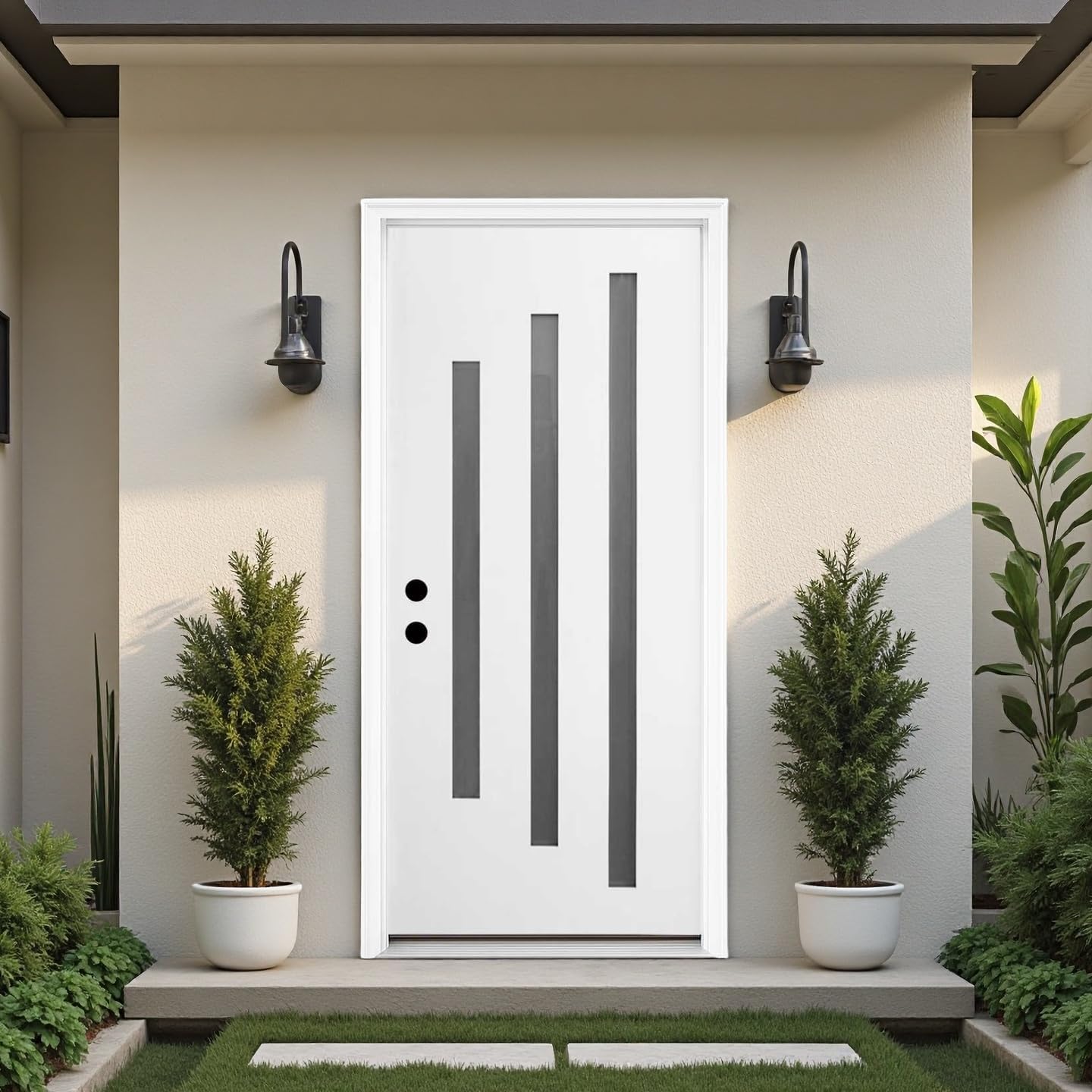 36 x 80 Fiberglass Entry Door, 3-Lite Frosted Glass - Modern House Front Entrance, 6-9/16 in. Finished Jamb, Withe Knock-Down Brush-Finished Exterior Door with White Vinyl Frame, Right Hand Inswing
