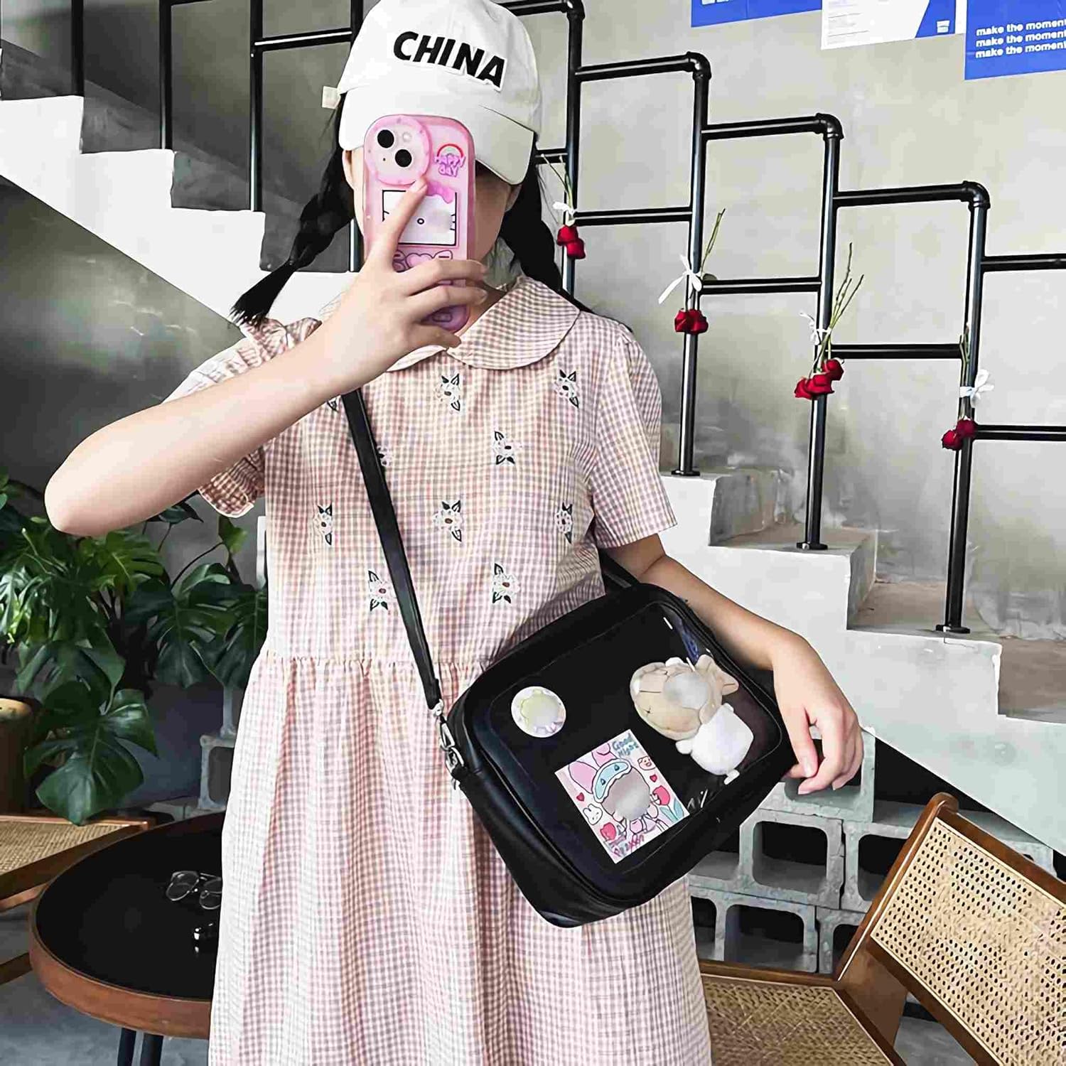 ita black crossbody bag for women, kawaii pin display medium kpop crossbody purse, cute y2k japanese messenger bag with clear pocket display, lightweight everyday anime purses - Image 5