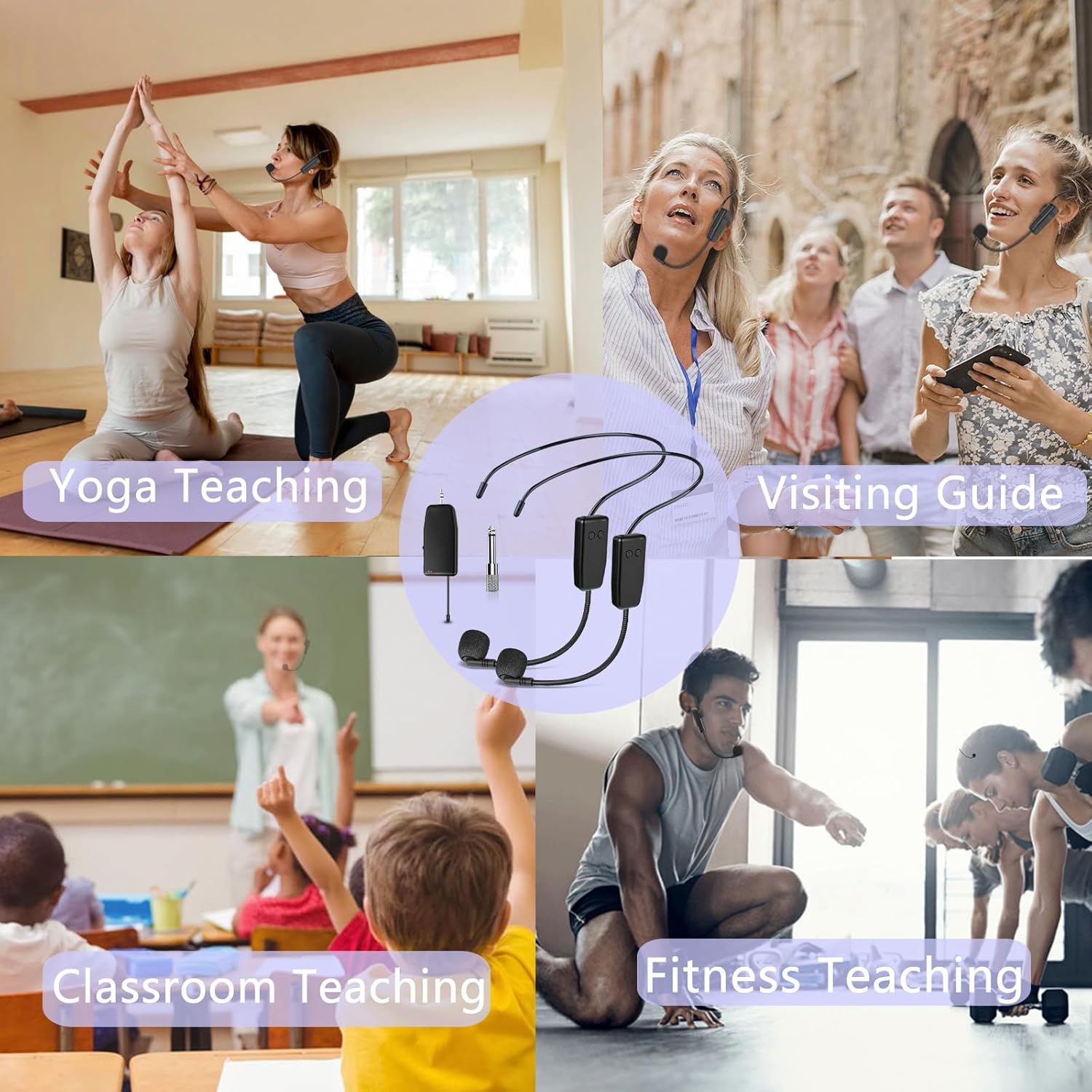 Wireless Dual Microphone Headset Professional: 2.4G Cordless Head Mic for 2 People - 160ft Range,1/8'' and 1/4'' Plug, for Singing, Tours, Speaker, Fitness, Voice Amplifier, PA System