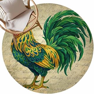 Round Area Rug, Farm Abstract Chicken Green Feathers Circle Living Room Rug Non-Slip Rugs Indoor Carpet, Retro Nautical Soft Comfort Rugs for Bedroom Kids Room