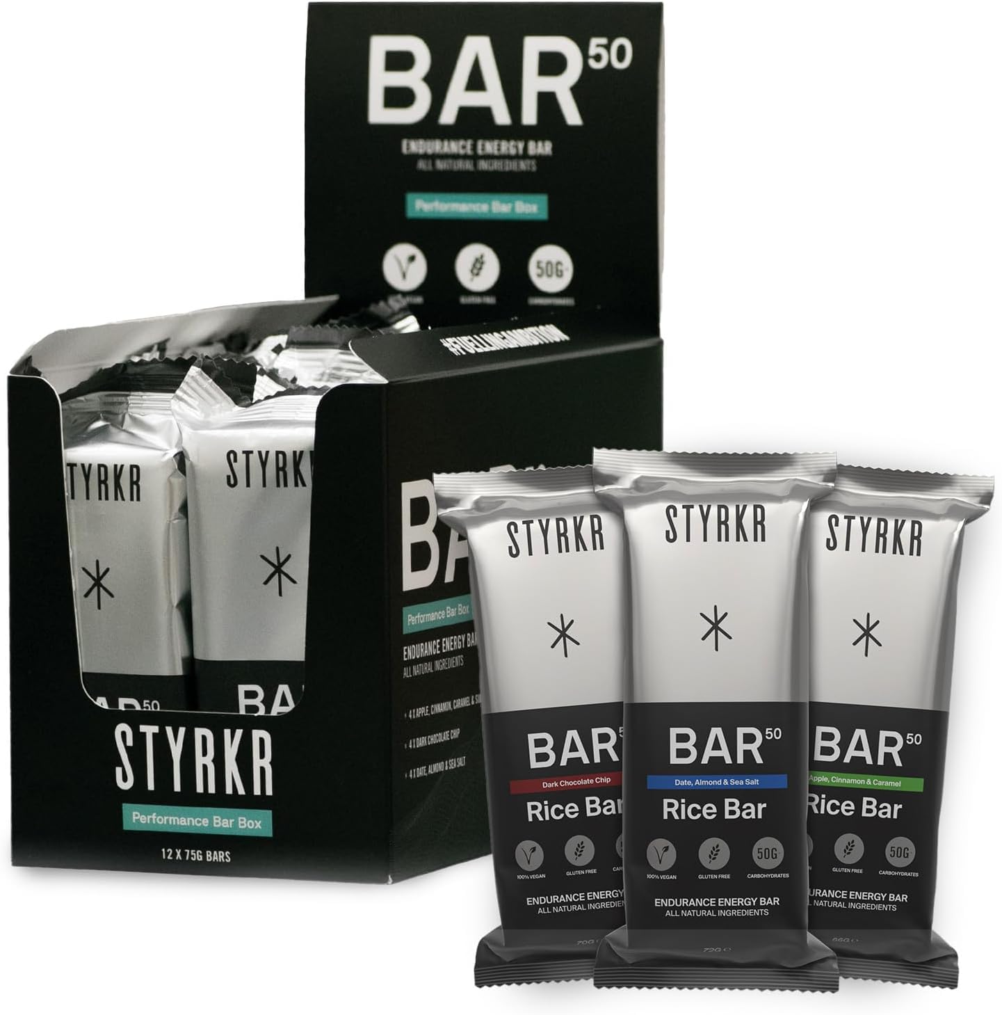 STYRKR Energy Bars - Pack of 12 Rice Bars for Cycling & Running - Mixed Flavours Pack - Approved by Endurance Athletes - 50g of Carbs via Advanced Dual-Carb Formulation - BAR50 -12x Pack