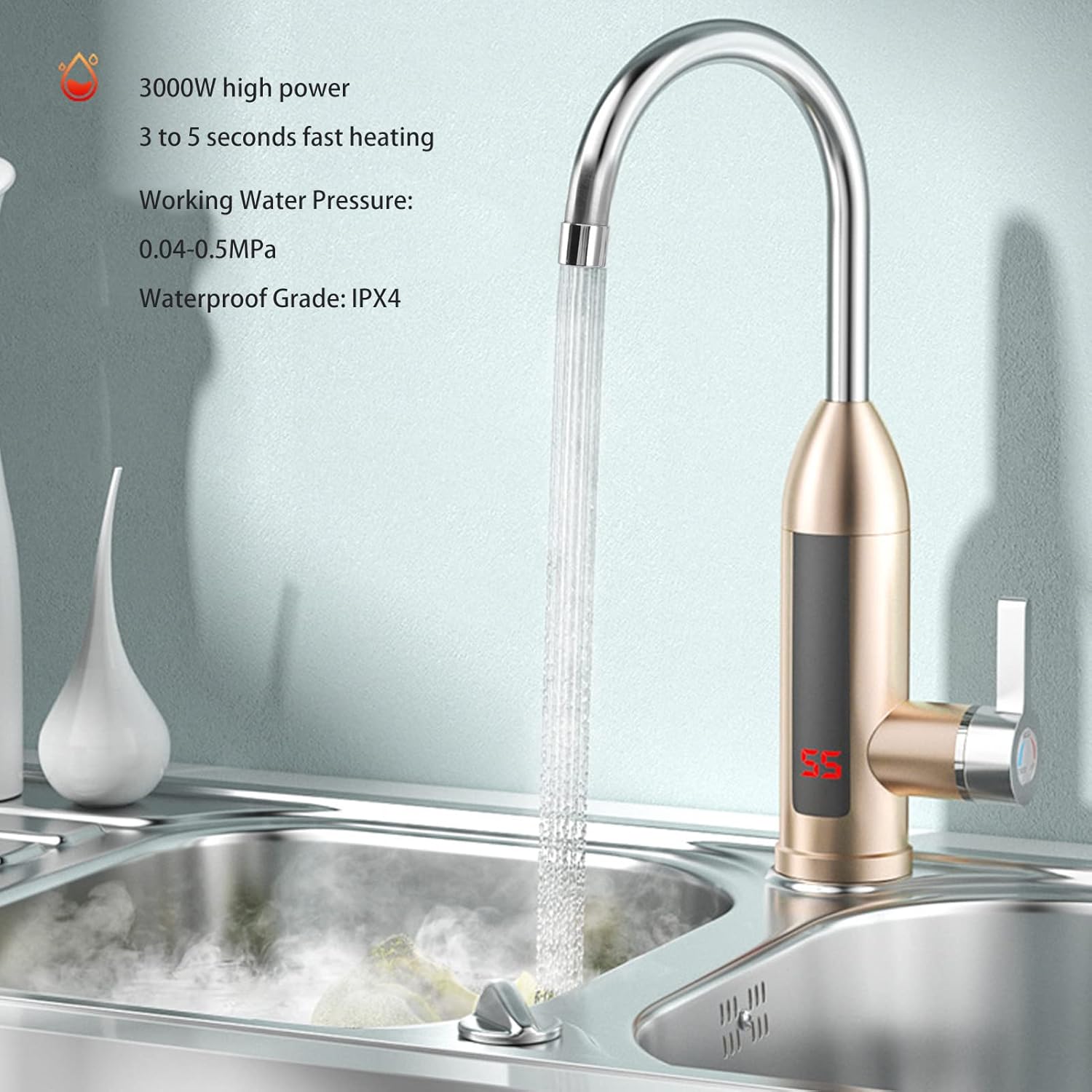 3000W Electric Heater Faucet, Hot Water Faucet for Bathroom Kitchen, Tankless Water Heater with LED Digital Display, 3 sec Fast Heating, 30℃ - 60℃ (US Plug 110V)