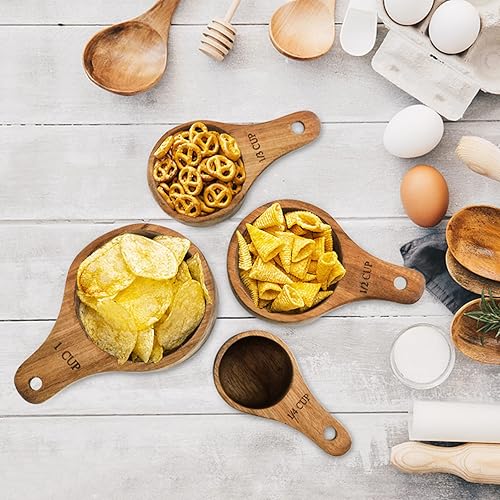 Miniatura 5 de Lyellfe Juego de 4 tazas medidoras de madera de acacia, herramienta de medición de cocina apilable con asa, juego de medición para hornear y