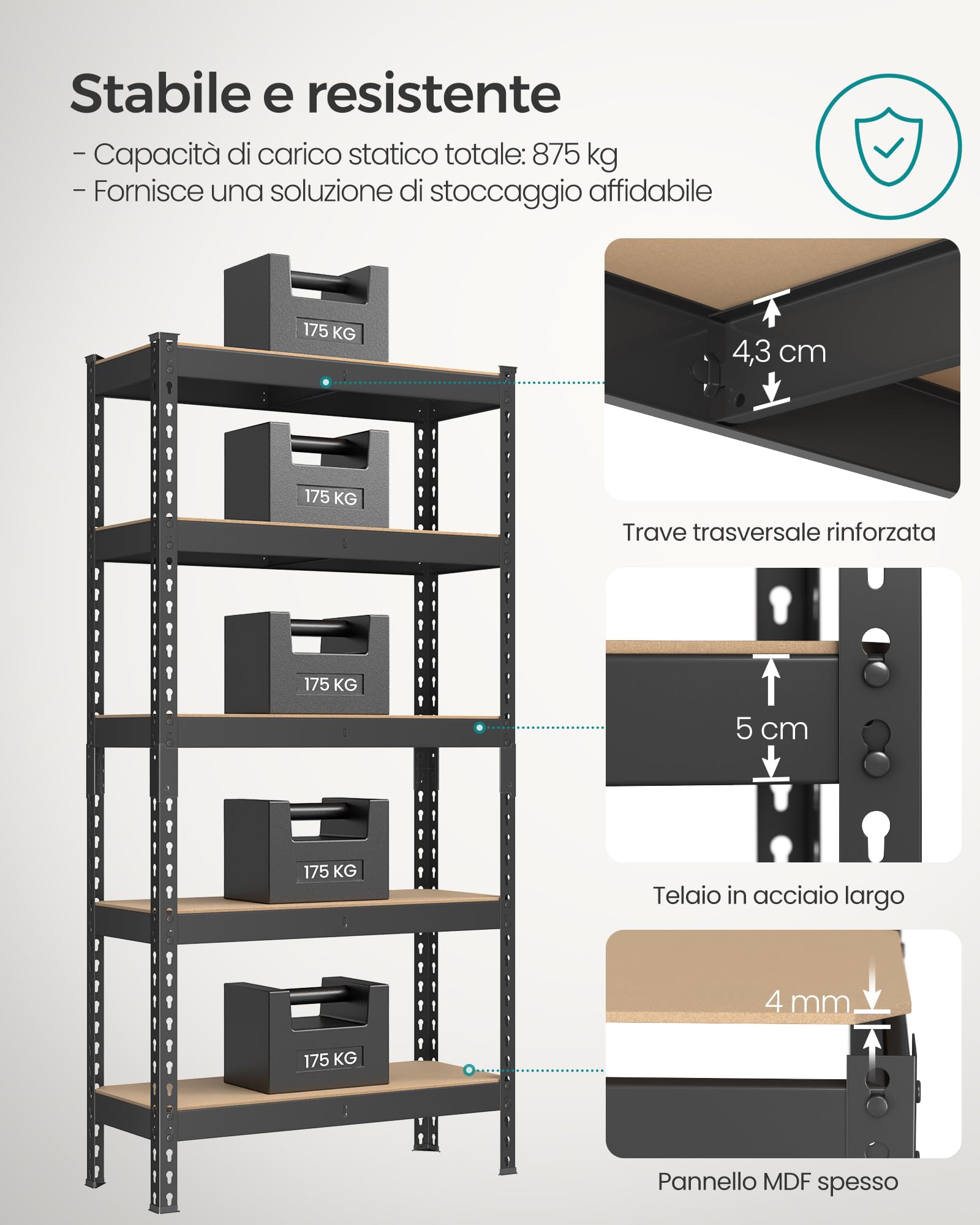 SONGMICS Scaffalatura a 5 Ripiani, Scaffale Portaoggetti, Montaggio Senza Bulloni, Ripiani Regolabili, 30 x 75 x 150 cm, Portante 875 kg, per Garage Magazzino Cantina, Nero GLR300B01