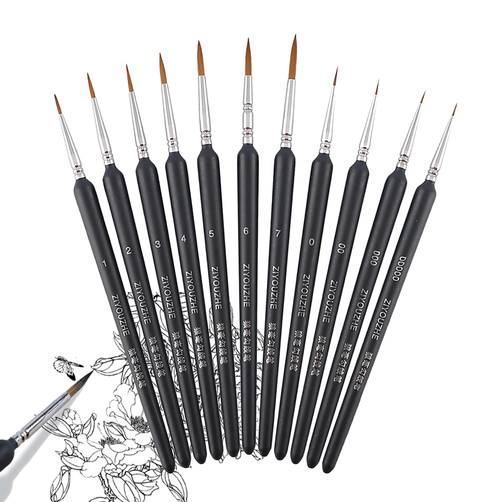 JIEYUCHU Pinceles de Detalle para Pintura, 11 Piezas Juego Profesional de Detalle Fino Pinceles, Pintar Acuarela Pinceles para Artistas, Óleo, Acuarela, Modelo, Pintura Facial, Manicura (Negro)