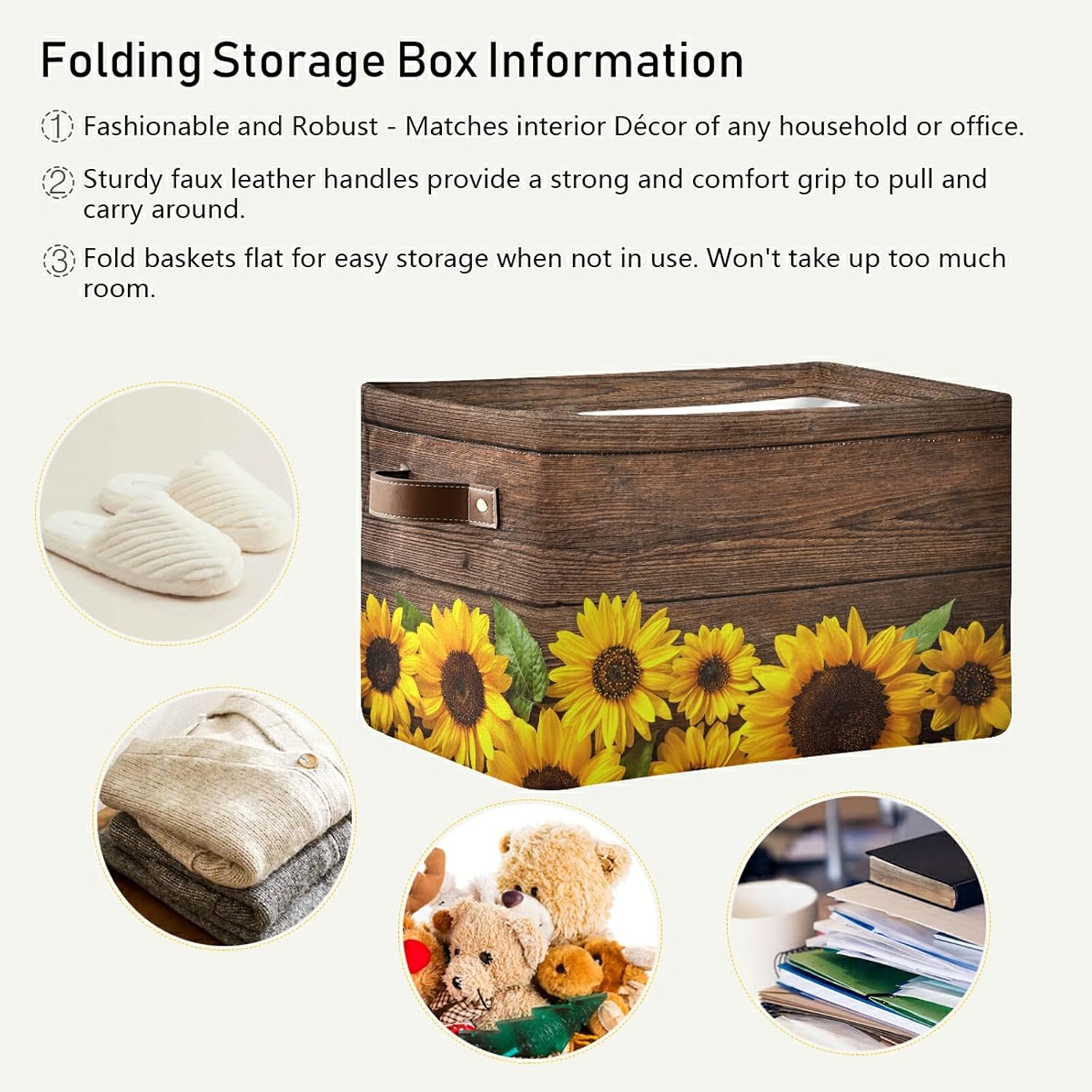 Sunflower Wooden Board Cube Storage Bin with Handle Collapsible Laundry Storage Basket Rectangle Toys Organizer for Home Office Closet Shelves Nursery 1 Pack