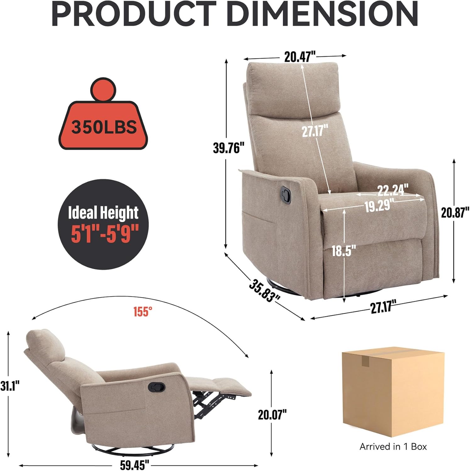 Rocker Recliner Chair for Adults, Swivel Rocker Recliner with Massage and Heat, Adjustable Glider Recliner Nursery Chair with Black Metal Base, Small Recliners for Small Spaces, Living Room (Khaki)