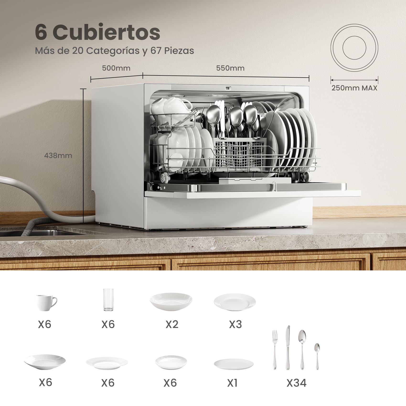 COMFEE' CDWMT0602EWD-EU Lavavajillas Compacto, 6 Cubiertos,6 Programas | Ciclo Intensivo 70°C, Inicio Diferido 24H, Apertura Automática, 47dB Silencioso, Clase D, Pantalla LED, Blanco