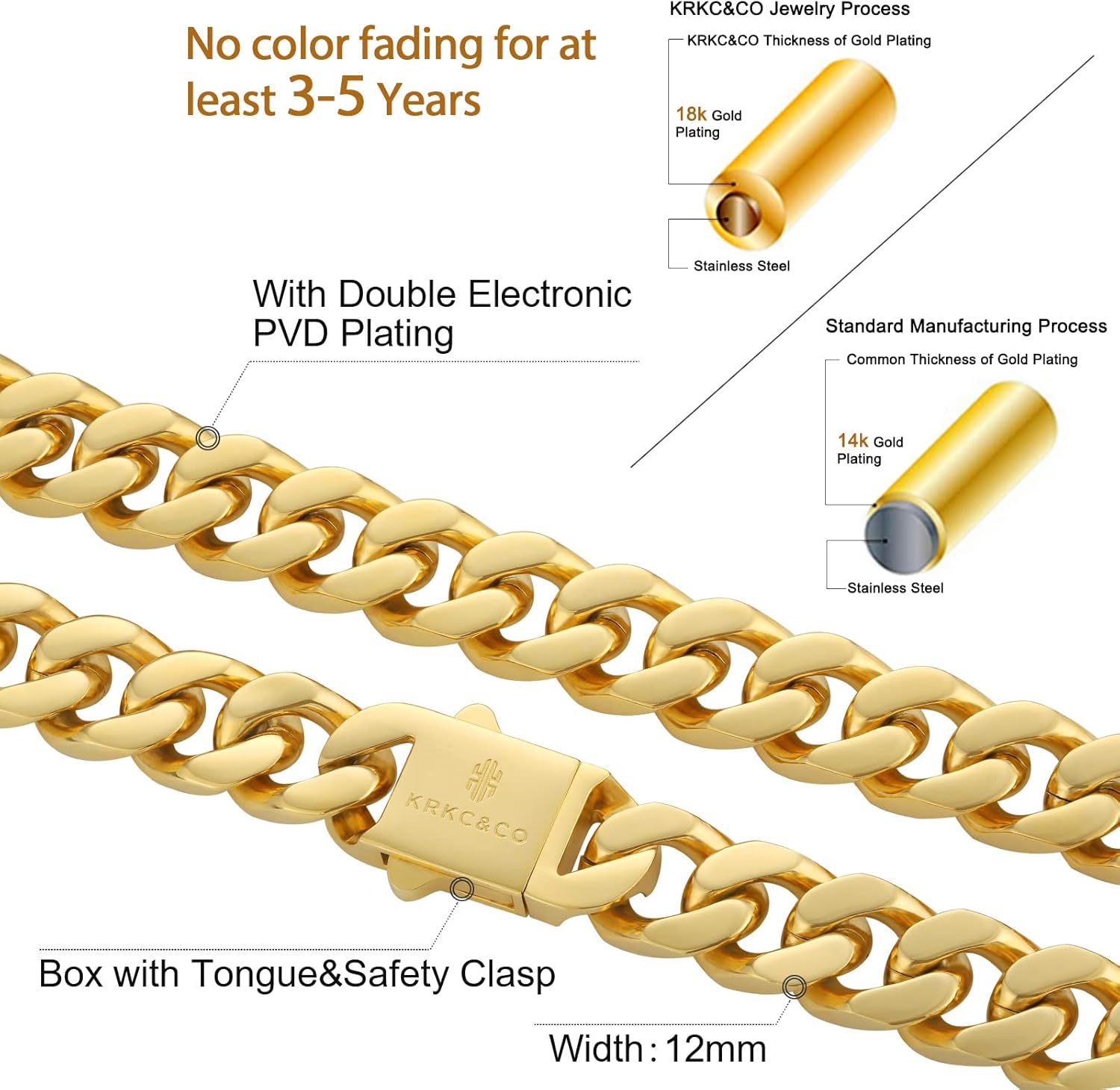 KRKC&CO Gold Chain for Men 8/12/14mm, 18k Miami Thick Cuban Link Necklace,Brithday Father Day Gift for Him from Wife, 4-Side Cut, Hip Hop Jewelry, Anti-Allergies No Fading - Image 3