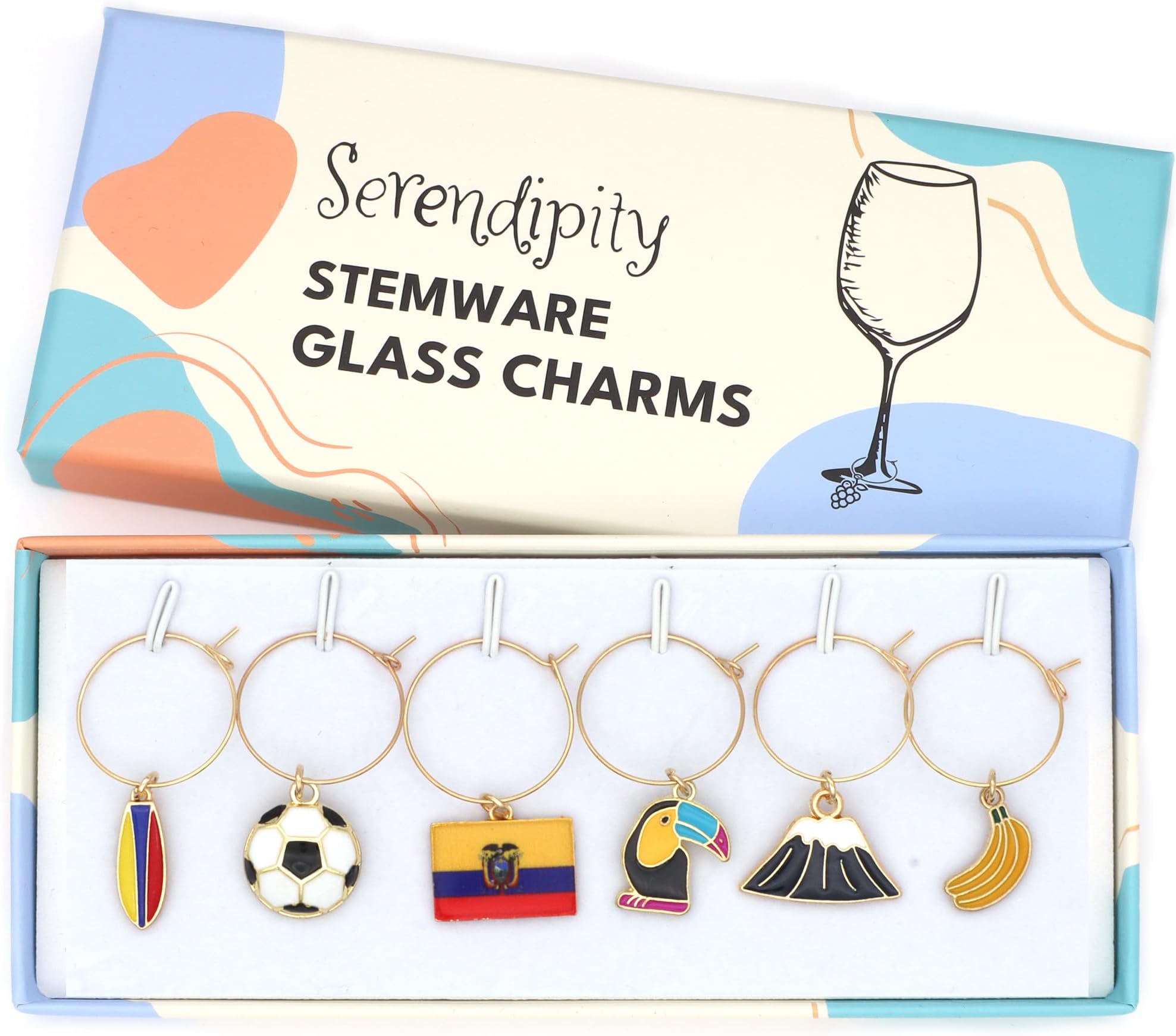 Ecuador Wine Charms, Ecuador Gifts, Set of 6 Ecuadorian Charms in a Gift Box, Ecuadorian flag, Cotopaxi Volcano, Surfboard, Soccer, Toucan, Bananas