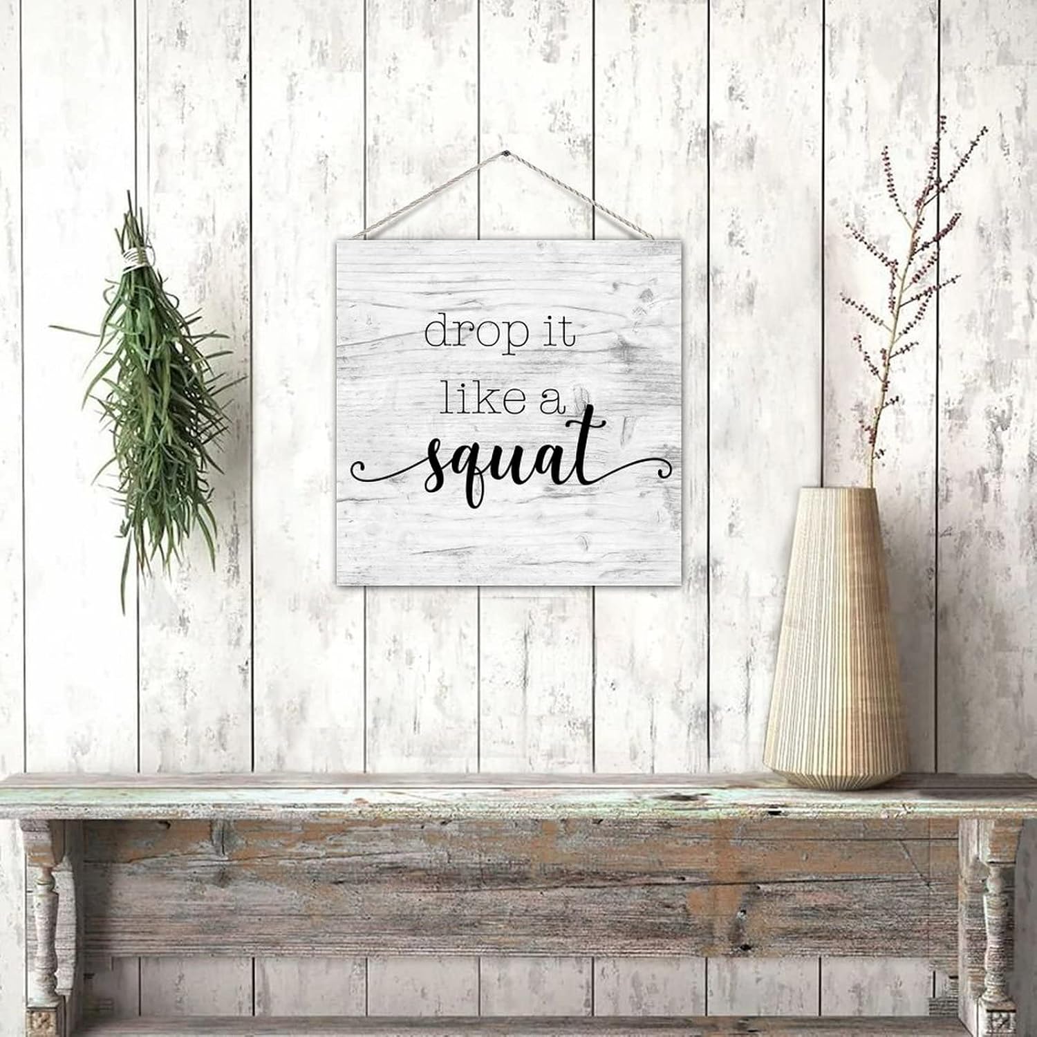 Distressed Look Wood Sign Drop It Like A Squat Wooden Wall Pediment Plank Hanging Plaque Inspirational Wood Family Sign for Bedroom Cabin Wall Decor 12x12in