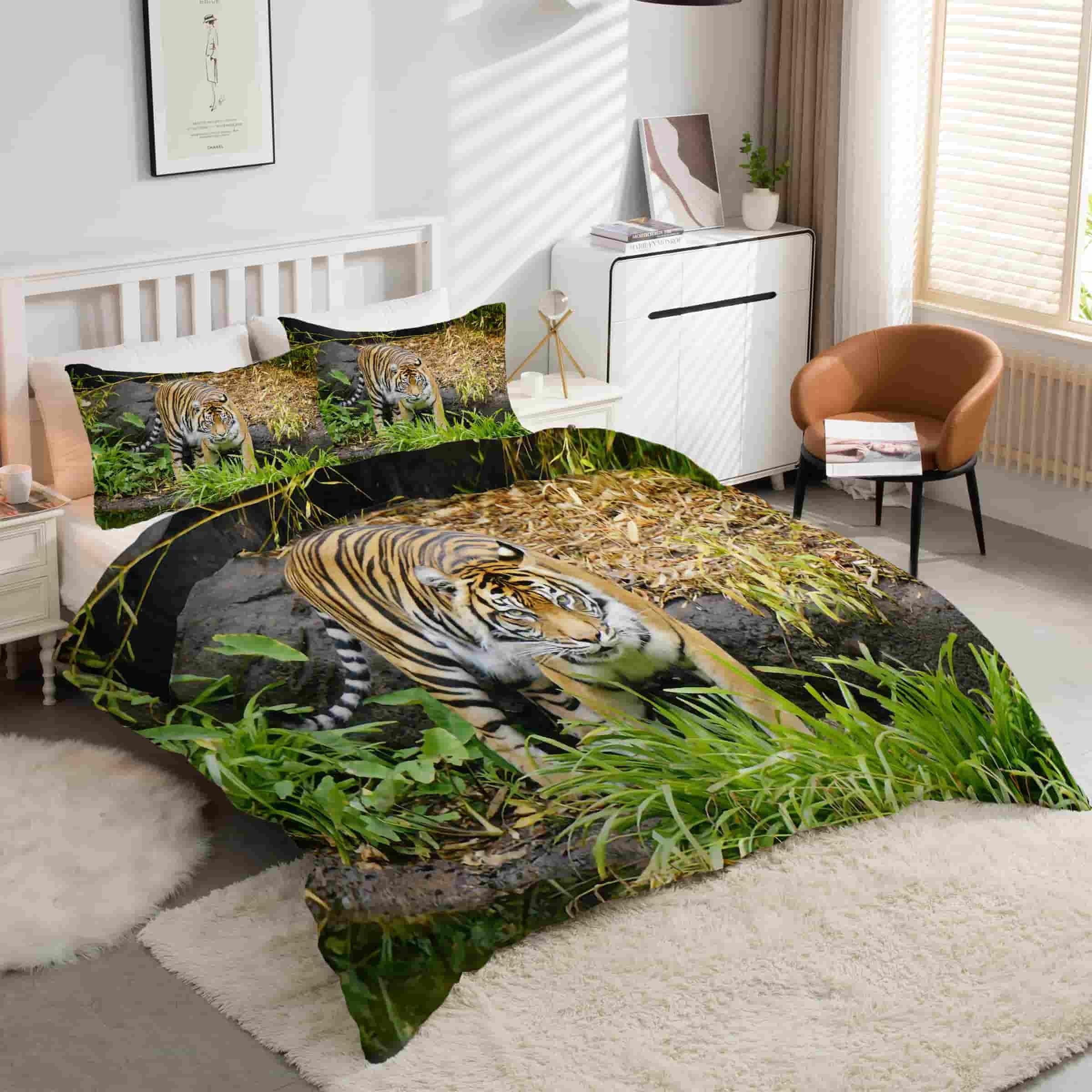 Housse Couette Microfibre Douce 160x200 Tigre Ensemble Literie Motif Animal avec Fermeture Éclair