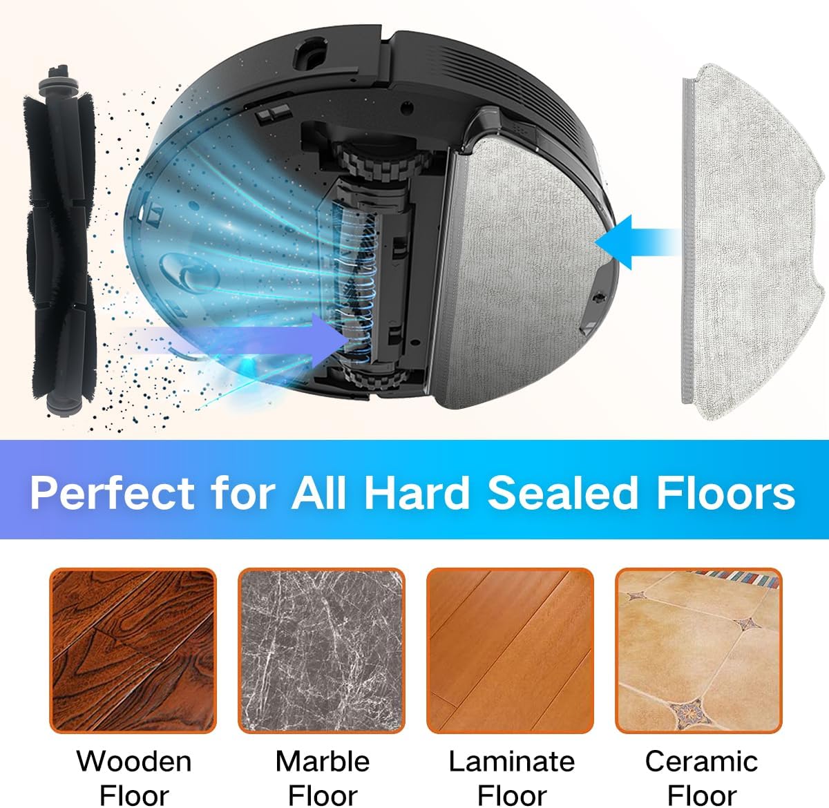 Vacuum Repalcement Parts for Airrobo T20+ Reusable Hard Floor Expert Wet Mop PadsX4 + Replacement Vacuum bag x 4 +Filter X2 +Edge Brush X 4 Set +1 Main Brush Roller(15)