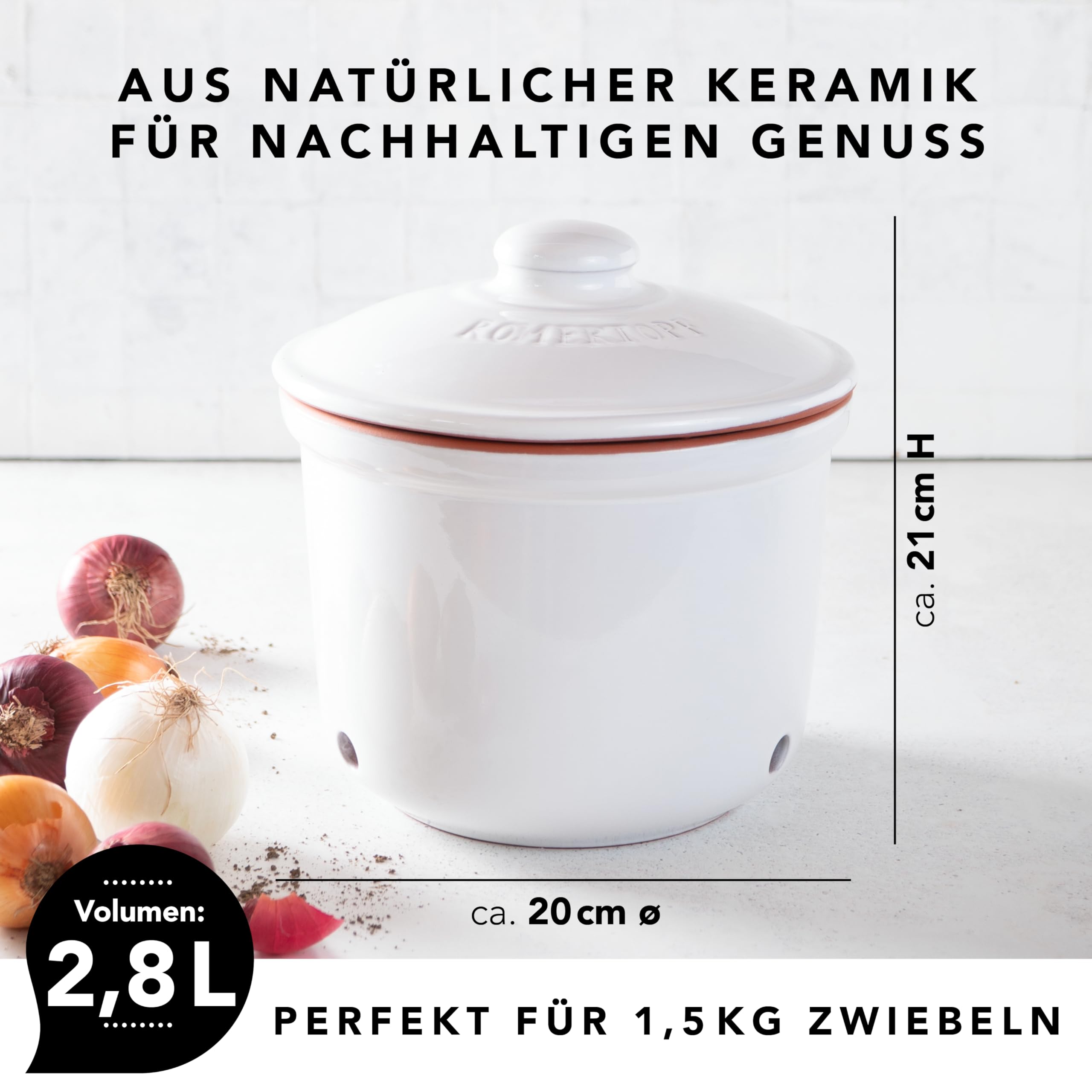 Römertopf Zwiebeltopf MAXI aus Naturton, weiß, Ø 20 cm, belüfteter Keramik-Vorratstopf mit 3 Lüftungslöchern, spülmaschinengeeignet, feuchtigkeitsregulierend, zur Aufbewahrung von Zwiebeln & Gemüse | 20,0cm weiß