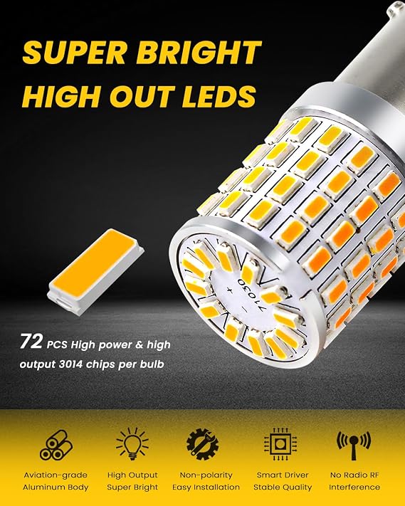 PHINLION 1156 LED Bulb Amber Yellow for Turn Signal Lights, 2 Pack