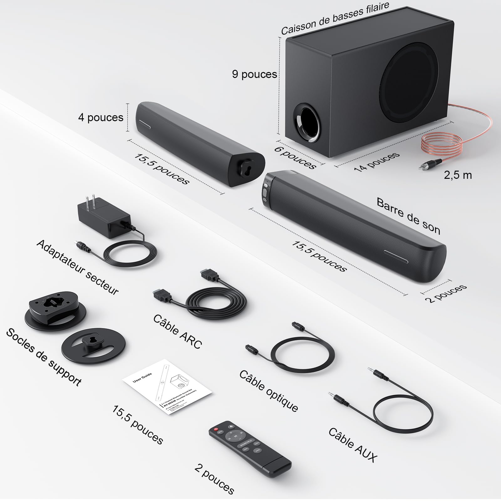 Barre de Son avec Caisson de Basses pour appareils TV, Barre de Son Amovible 2 en 1, 120 W, 3 Modes, Compatible avec Bluetooth 5.3/Arc/Opt/AUX pour TV, PC, Jeux, projecteur, 1 Pack