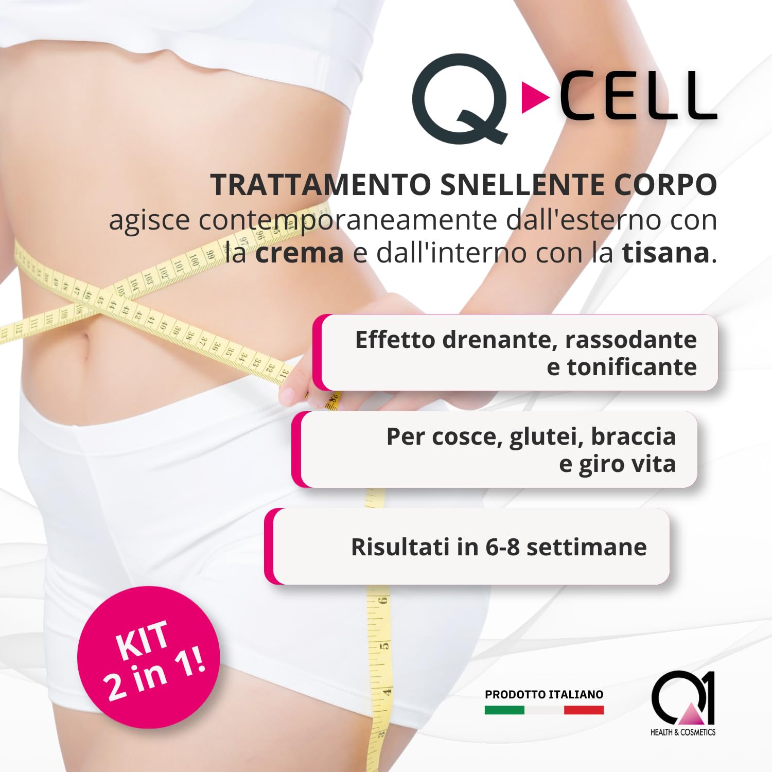 Q1, Q-Cell, Kit Anticellulite Crema Snellente 200 ml + Tisana Drenante 500 ml, Trattamento Snellente Corpo Completo per Cosce, Glutei, Braccia e Pancia, Azione Rassodante, Drenante e Tonificante