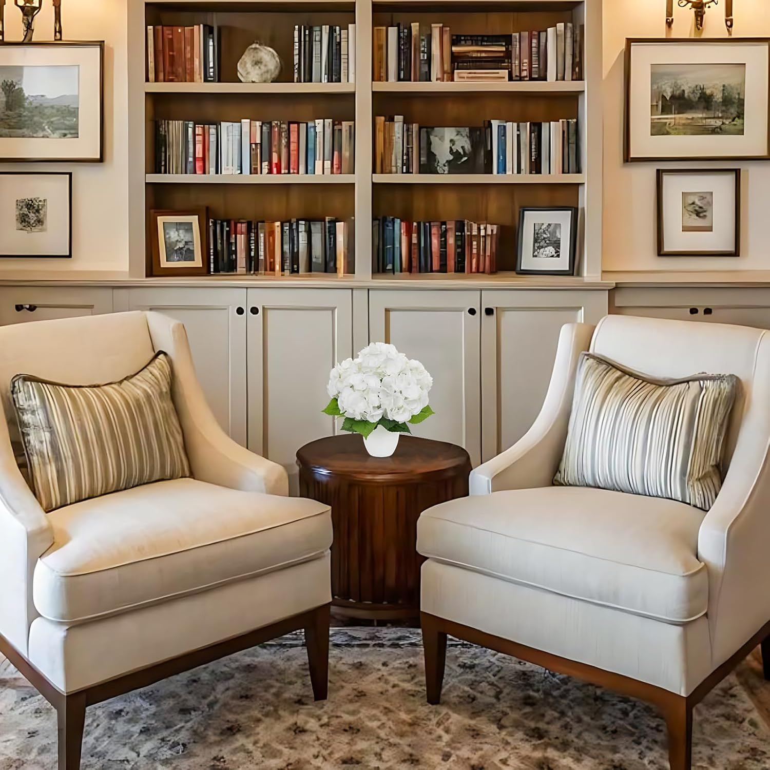 13" Artificial Hydrangea Flowers Plant in White Pot, Fake Hydrangeas Plants for Home Office Indoor Outdoor Decor, Faux Floral Arrangement for Bathroom, Shelf, Desk & Kitchen Table Centerpiece, White