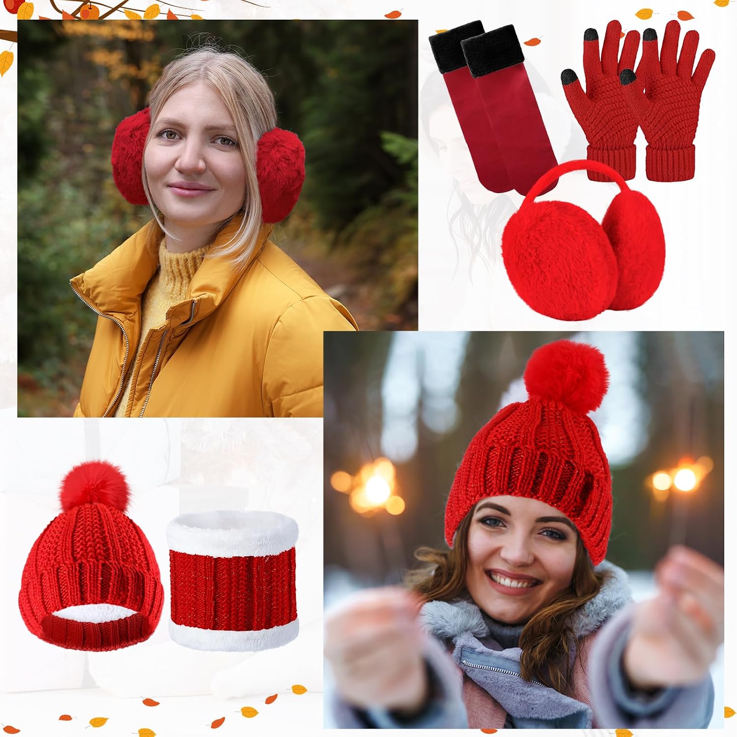 SATINIOR 5 Pcs Winter Hat Scarf Gloves Set Fleece Warm Lined Knit Beanie Hat Touch Screen Earmuff Gloves Warmer for Women image 3