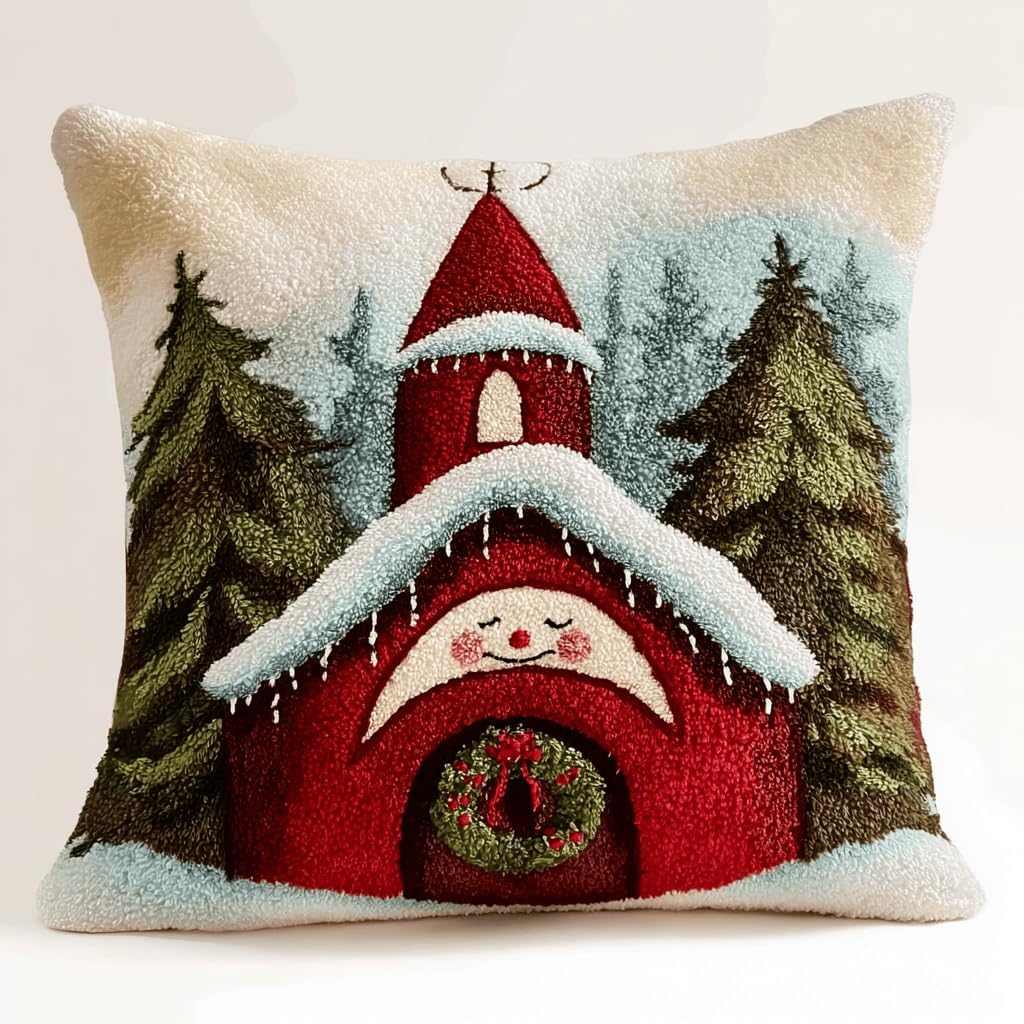 Christmas Latch Hook Pillow Making Kit,Beginner Level DIY Crochet Rug Craft with All Supplies,17x17 in Grid Canvas,Seasonal Yarn Latching Set for Family Bonding,Cozy Festive Hobby Enthusiasts-11