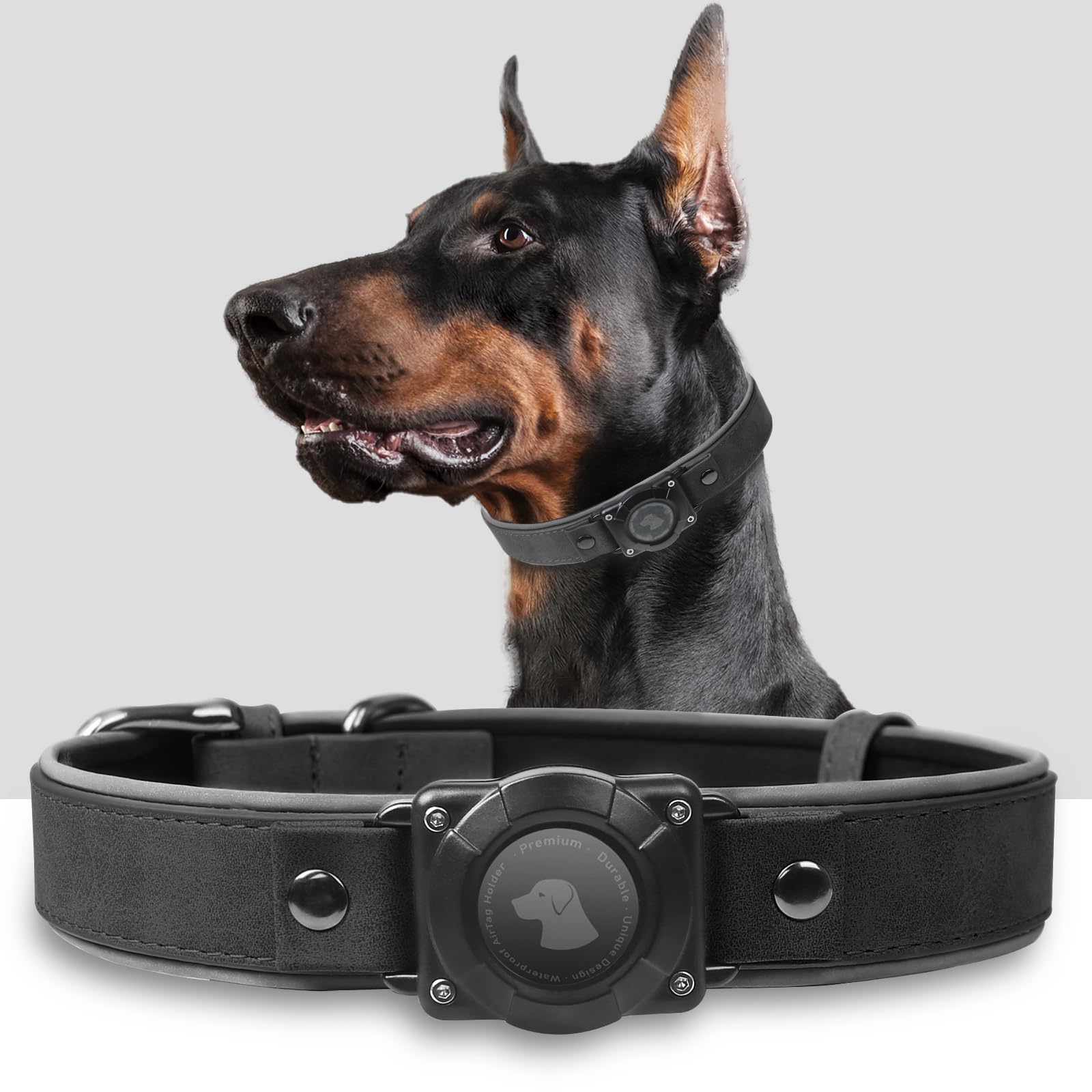 AirTag Dog Collar - Leather Dog Collar with Air Tag Holder | IPX8 Waterproof, Reflective, High - End, Adjustable Soft Padded | Dog GPS Tracker Collars