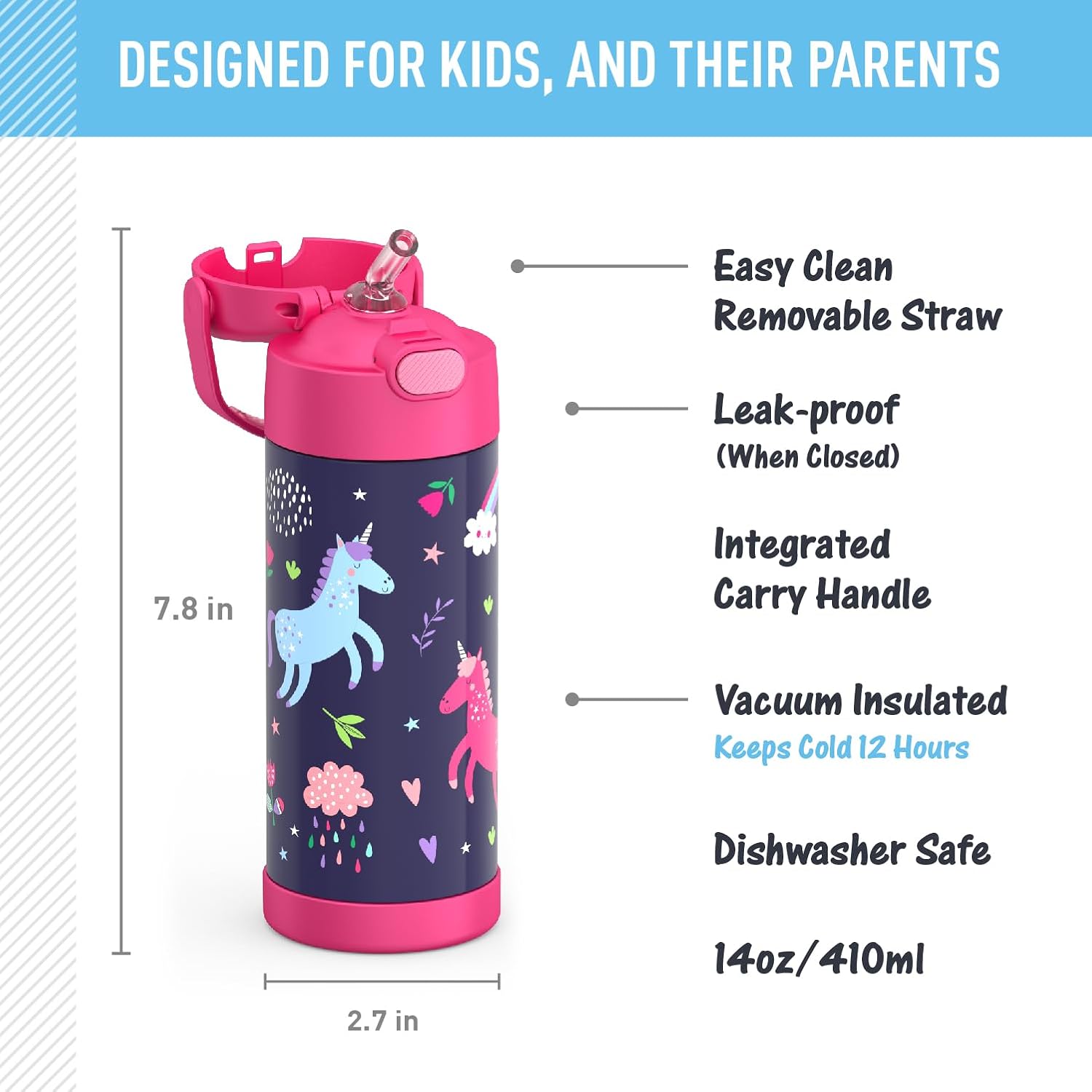 THERMOS 410mL Stainless Steel Non-Licensed FUNtainer® Bottle, Unicorn, 14 oz - Image 2