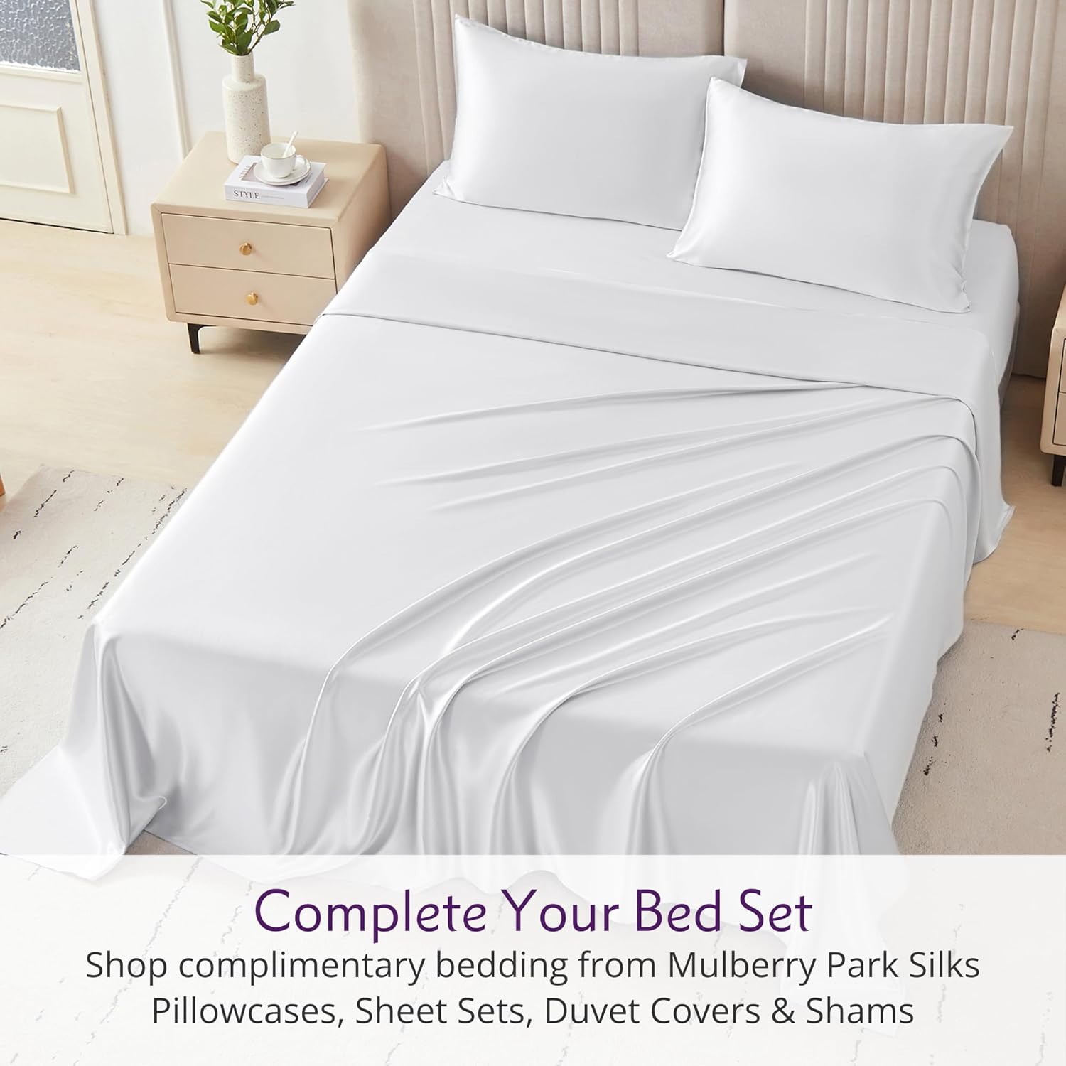Mulberry Park 100% Pure King Silk Flat Sheet Deluxe 22 Momme 6A Mulberry Silk Bed Sheets - Breathable, Ultra-Soft - White