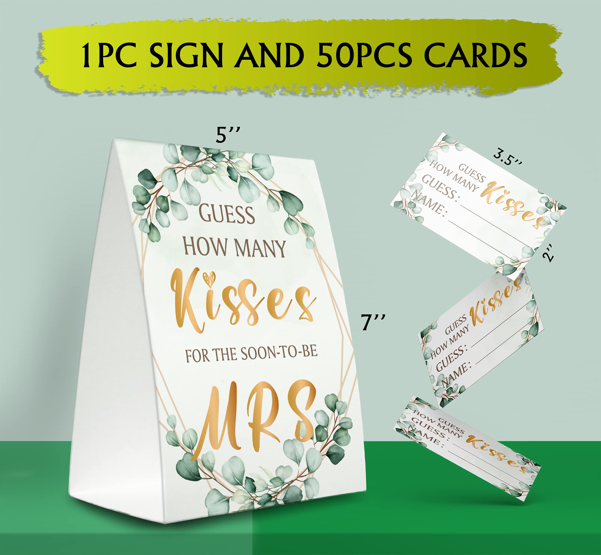 Kit de tarjetas de juego de despedida de soltera (1 letrero de pie + 50 tarjetas de adivinanzas), color dorado verde, adivina cuántos besos para la señora pronto, fiesta de tribu nupcial - RH15