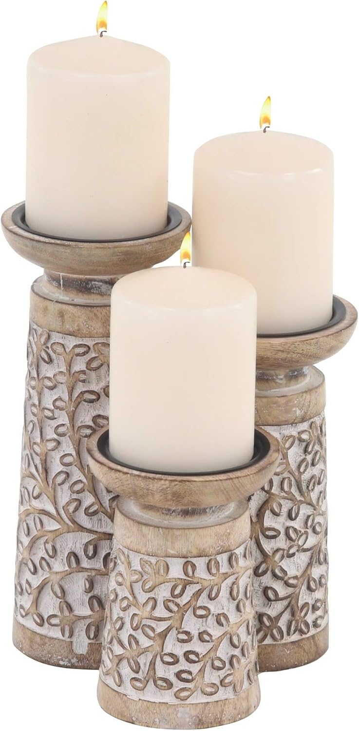 3-Piece Rustic Mango Wood Flourish-Patterned Candle Holder Set Brown Bohemian Eclectic