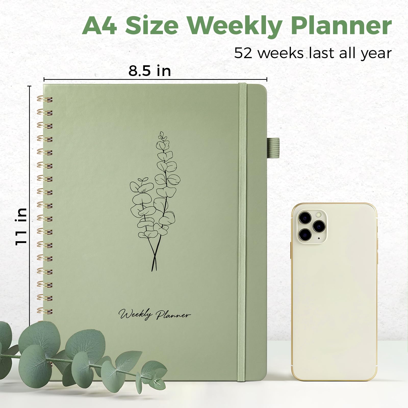 Oucaru Planer tygodniowy bez daty, 21,5 cm x 28 cm, notatnik z listą rzeczy do zrobienia w formacie A4 z organizerem do śledzenia celów i nawyków, 52 planer tygodniowy z oprawą spiralną, do biura