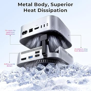 Mac mini M4 ドックステーション & アルミニウムスタンド Mac mini M4用 11-in-1 Mac mini M4 ハブ 10Gbps M.2 NVMe SATA SSD エンクロージャ*2、DP 8K@60Hz、10Gbps USB A*4、SD TF 3.0カードリーダー、USB 2.0 x 2。