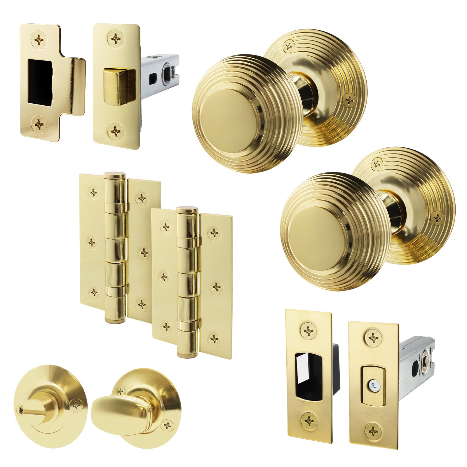 EAI Polished Brass Door Knobs with Latch and Deadbolt, Hinges - Beehive