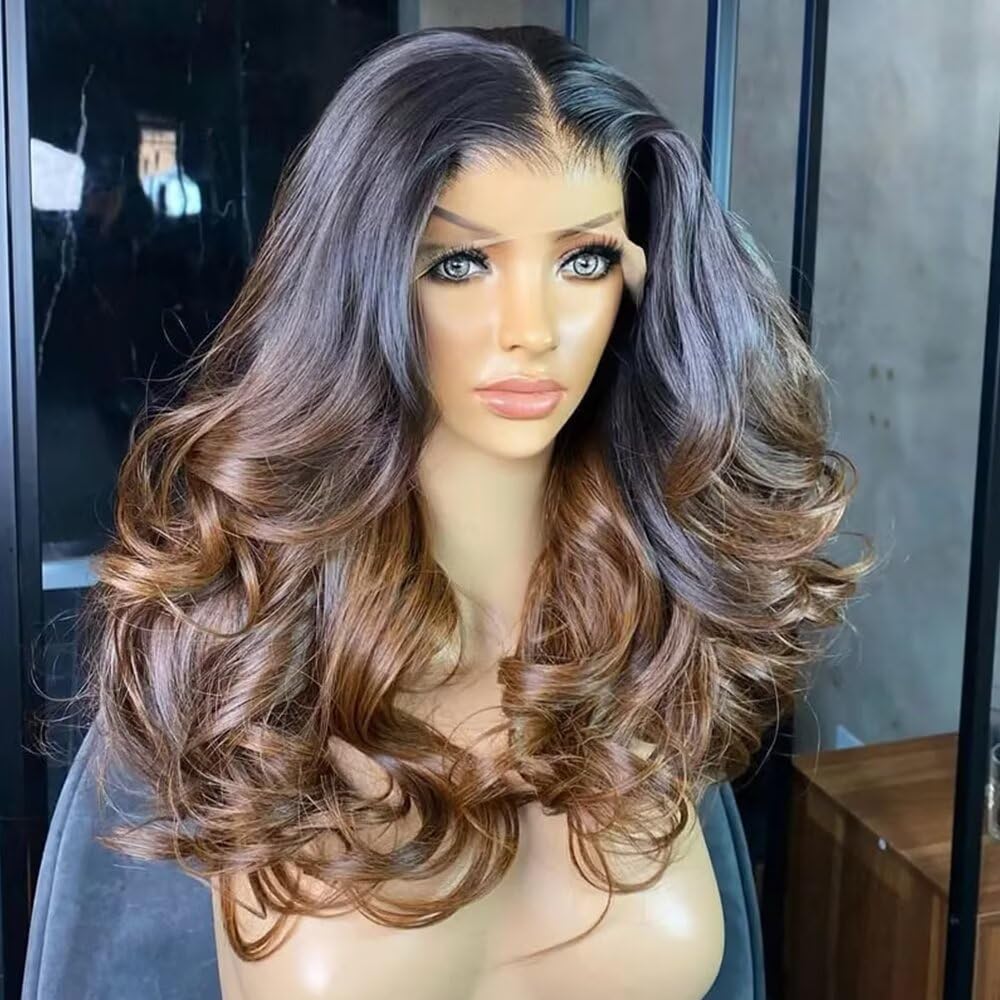 Soft Brazilian Virgin Human Hair Ombre Golden Brown Blonde Wavy 13X4 HD Transparent Lace Front Wig with Baby Hair Pre Plucked,180 Density,Bleached Knots,14 inch Colored Boday Wave Glueless Wig