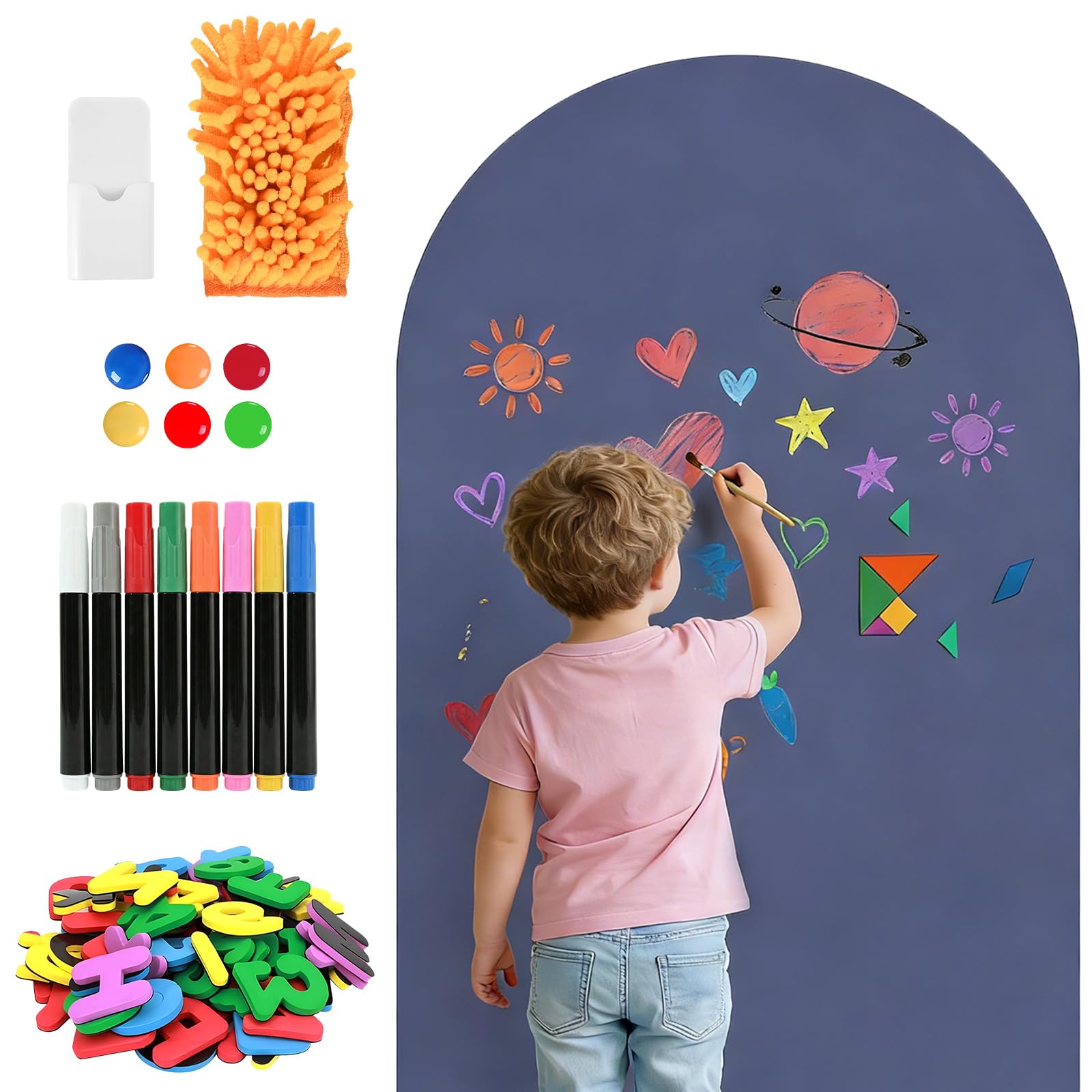 Magnetic Wall Decal 100x45 cm-Arch Self-Adhesive Magnetic Wall Sticker Self Adhesive Chalkboard Message Board Set with 8 Liquid Chalks Multiple Accessories for Home Playroom School (Dusty Blue)