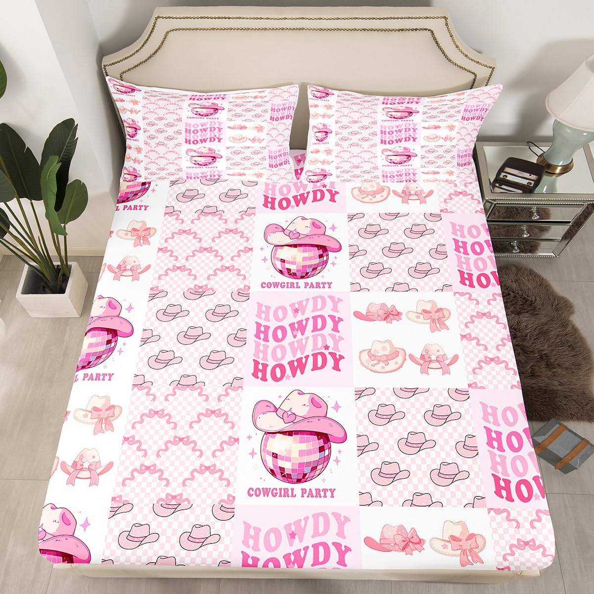 Cowgirl Kids Fitted Sheet Single Size,Princess Bowknot Cowboy Hats Disco Balls Dreamy Bedding Set,Girls Women Room Decor,Geometric Plaids Patch Bed Cover,Pink Bed Sheet,1 Pillowcase(No Top Sheet)