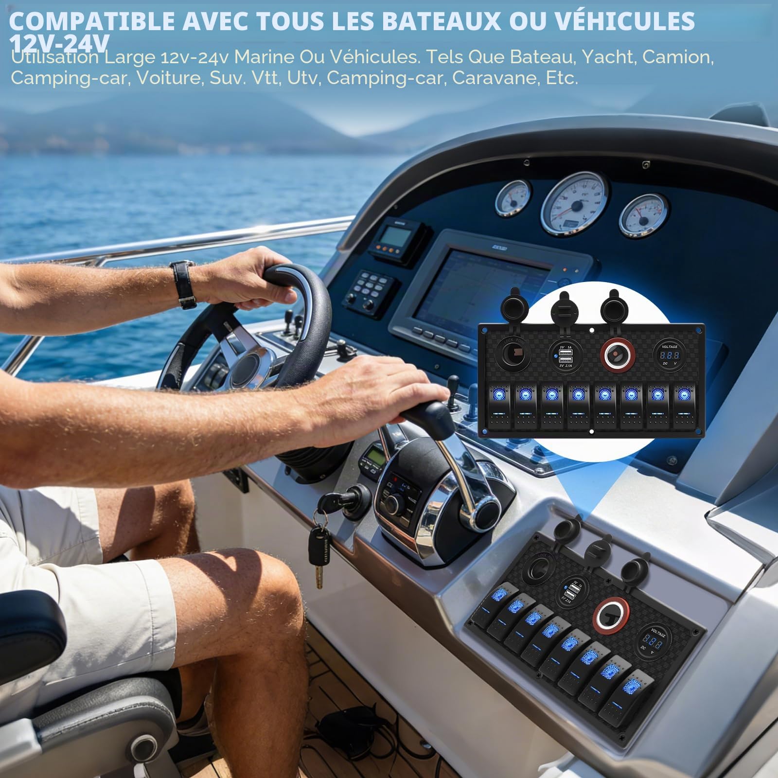 Geloo Panneau d'interrupteur à Bascule à 8 Interrupteurs Étanche 12 V/24 V Affichage Numérique de la Tension Double port USB Chargeur pour Camping-car, Bateaux, Voitures - Bleu