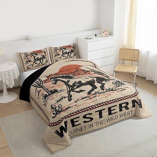 Miniatura 3 de Western Bedding - Juego de edredón tamaño Queen con caballo para vaquera, vaquera, viaje al oeste, desierto, aventuras, juegos de ropa de cama de