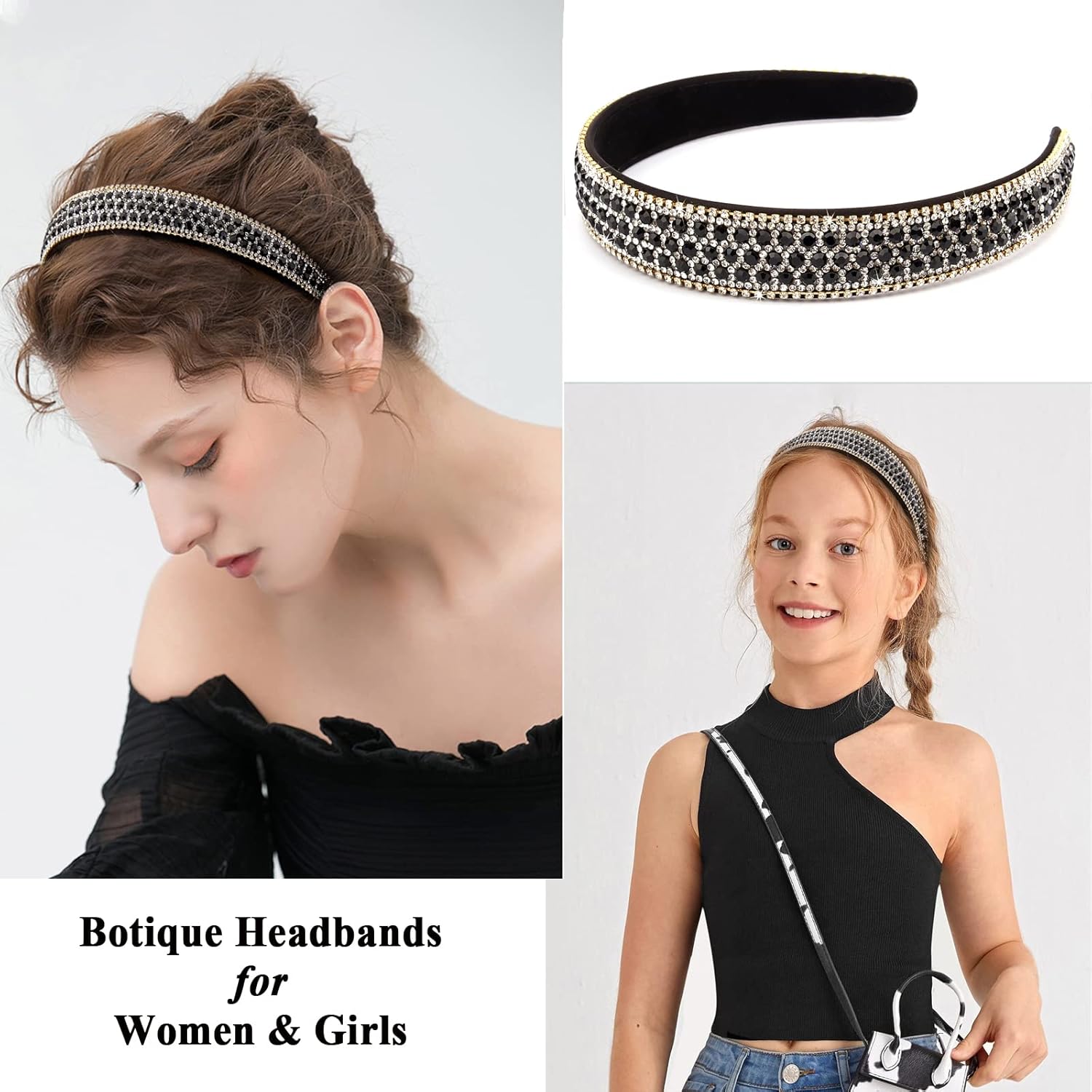 Wecoe Black Headband Rhinestone Headband Women Fashion Crystal Bling Diamond Head Band Glitter Sparkly Hairband Hair Accessories Holiday Halloween Christmas Gifts For Women Ladies (Silver & Black) - Image 6