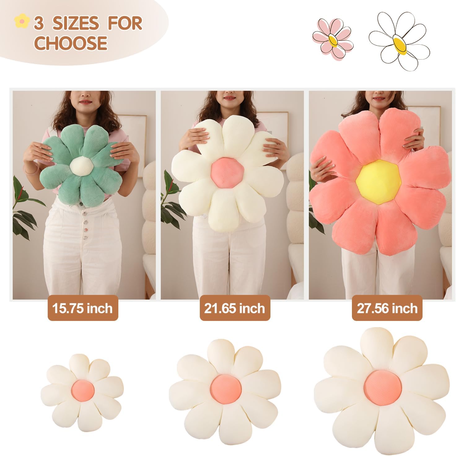 Yellow Flower Pillow, Flower Shaped Throw Pillow Cute Chair Seat Cushion for Bedroom and Living Room Décor (27.56", Yellow)