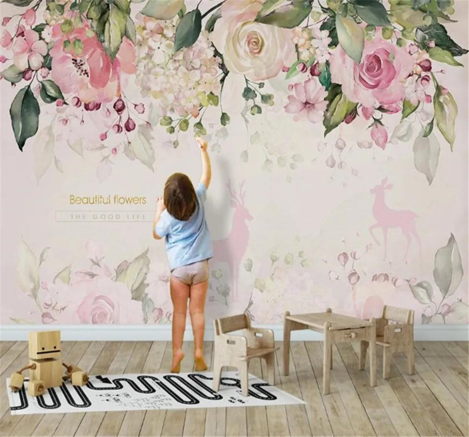 Tzxztt Cartoon Reindeer Cosy Pink Flowers Modern 3D Wallpaper Premium Textured Silk Neutral Tones Material Ideal for Living Room Bedroom-430cm×300cm
