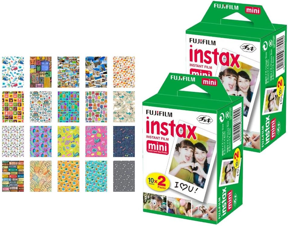 2X Fujifilm instax Mini Instant Film (40 Exposures) + 20 Sticker Frames for Fuji Instax Prints Travel Package