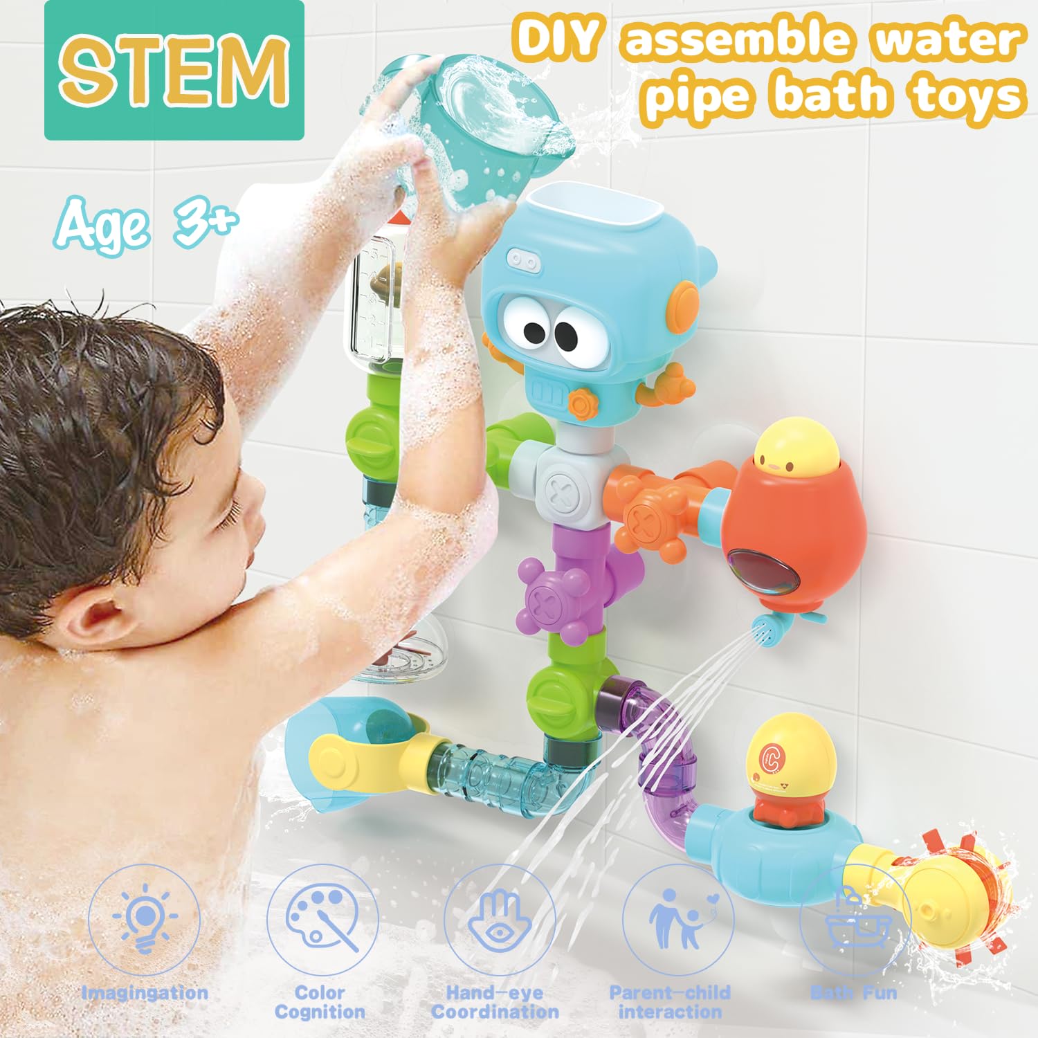 AMCHSURI STEM Bath Toys for Kids 3-8 Years | 27 PCS DIY Assembly Water Pipe Building Kit | | Mold-Free Toddler Bathtub Wall Toys | Educational Engineering Learning Gift