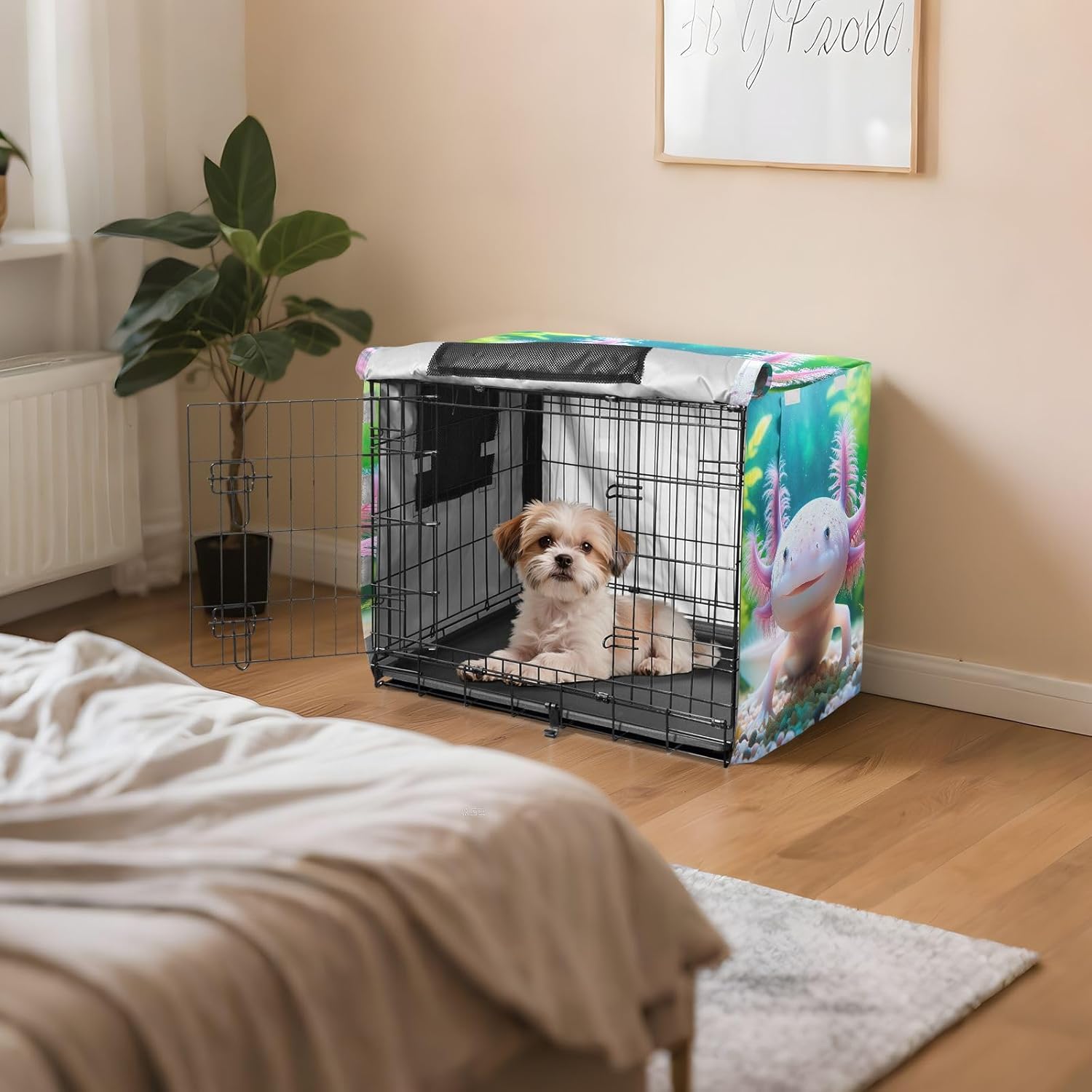 Axolotl Cute Animal Dog Crate Covers Universal Size Fit, Pet Crate Cover with Roll-up Sides, Large
