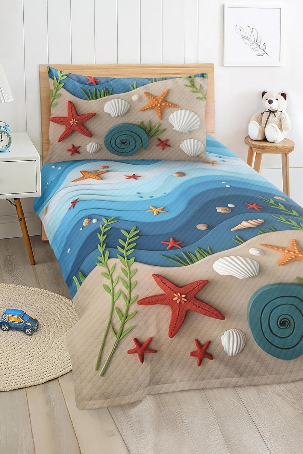 SODEF Bedding Set Seashell and Star Pattern Kids and Teens Room Quilt Set Bedspread, 2 Piece Cotton Polyester Blend - Blue, One Size