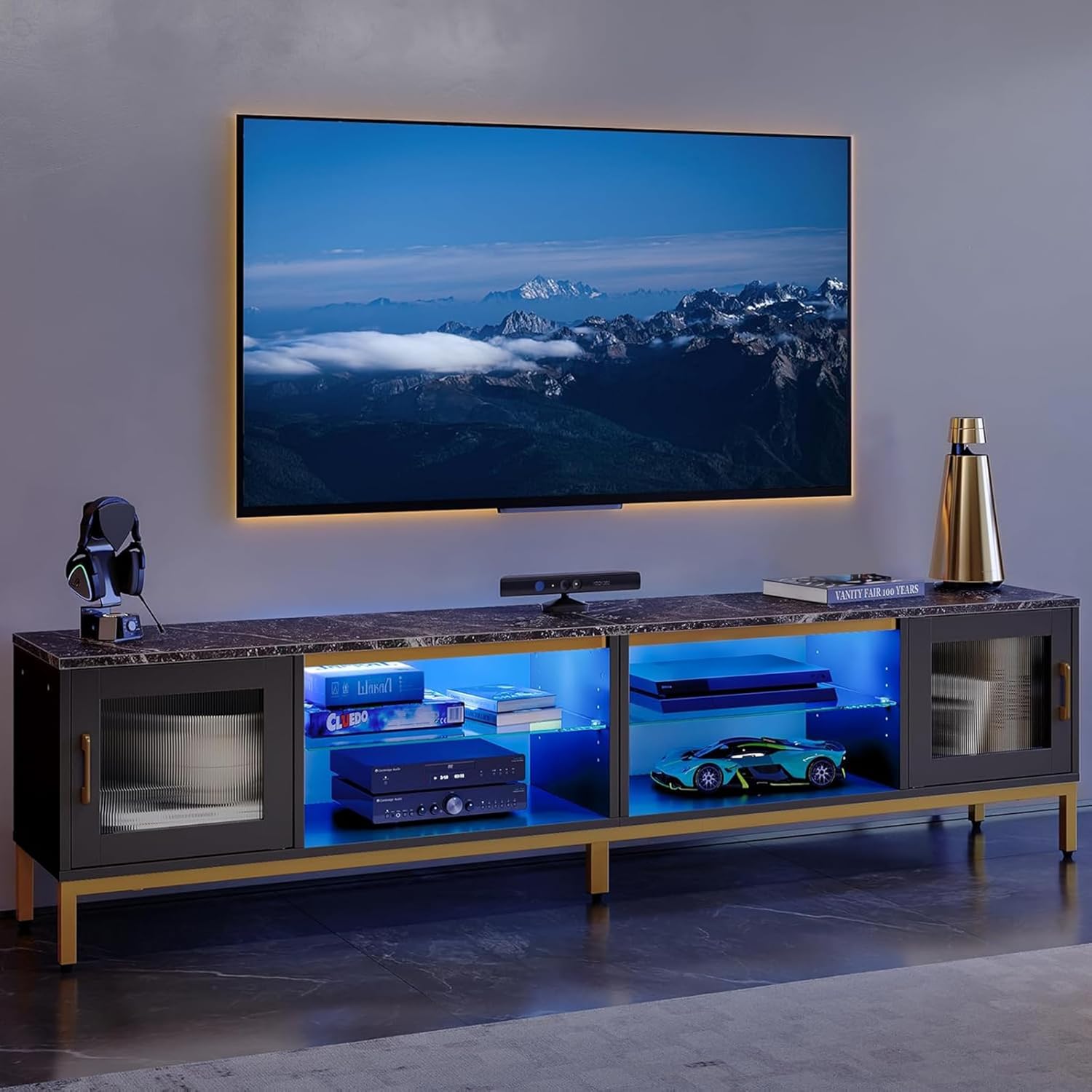 Bestier 80 Inch TV Stand for 75/85/86/90 inch TVs, 4 in 1 LED Entertainment Center with 2 Storage Cabinets, Modern TV Console with Adjustable Shelves for Living Room Bedroom, Black Marble