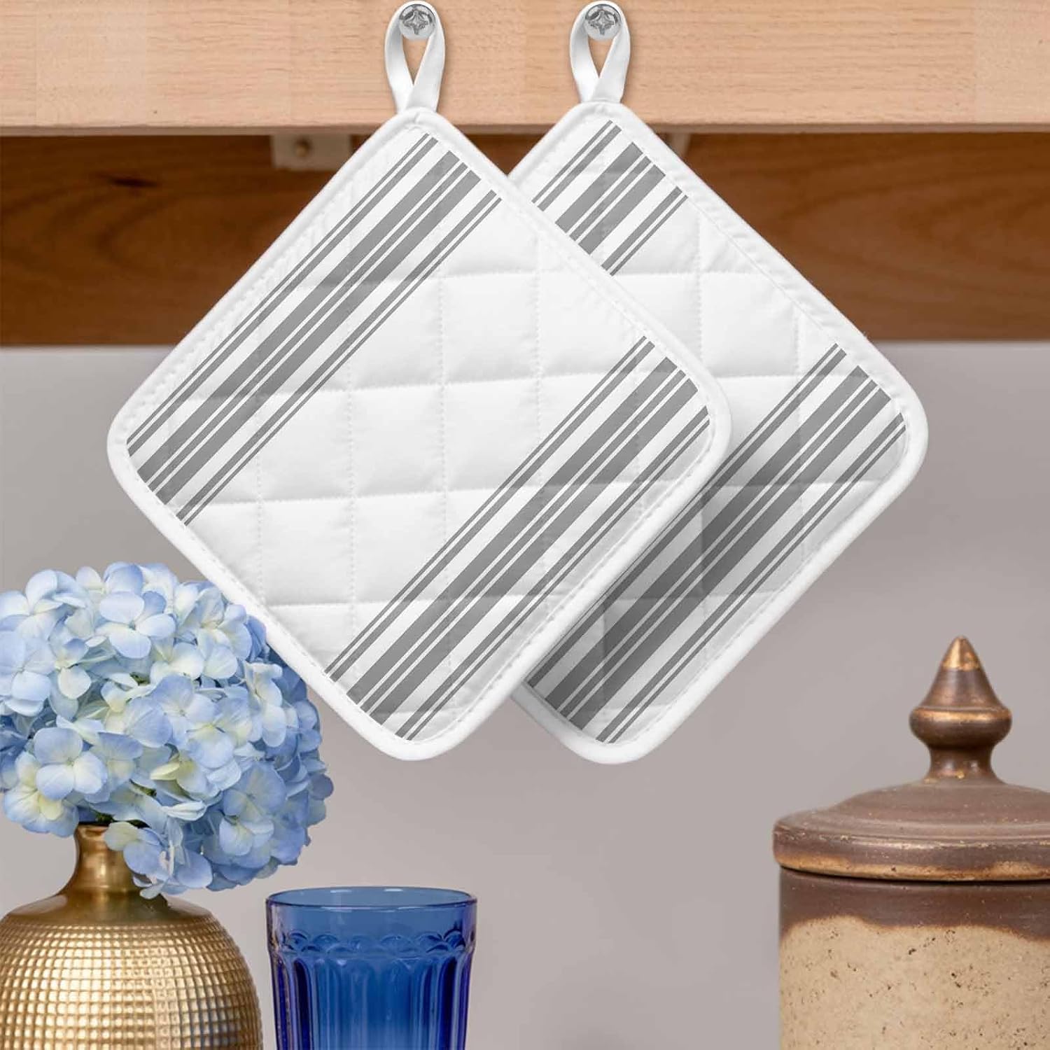 Pot Holder Set of 5 Grey Lines on White Potholder Heat Proof Non Slip Pot Holders, Minimalist Striped Hot Pads Potholders for Kitchen Cooking Baking BBQ