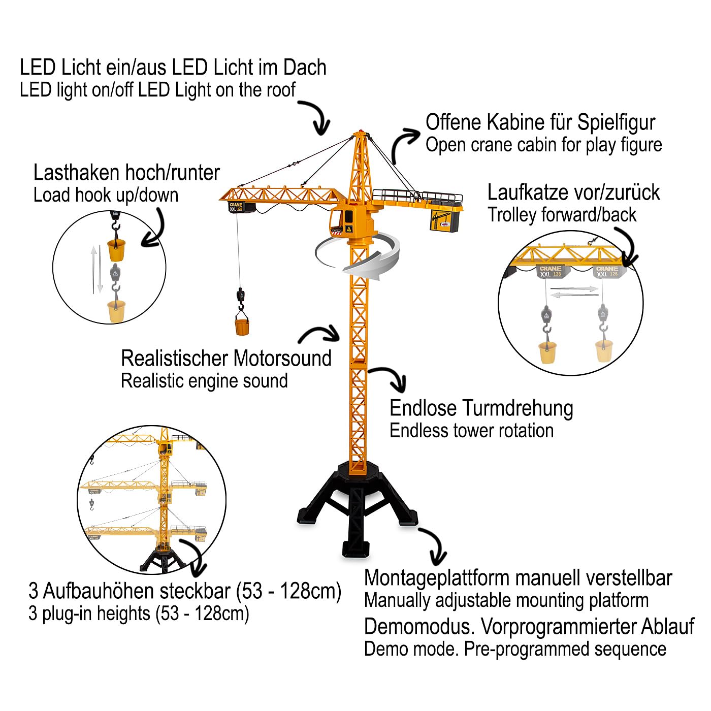 JAMARA 406320 Turmdrehkran Crane XXL 128 2,4GHz - Kinder Spielzeug Ferngesteuert, Fernbedienung Rc Toy, Kran für Baustelle Remote Control, Geschenk für Kinder, Metallhaken